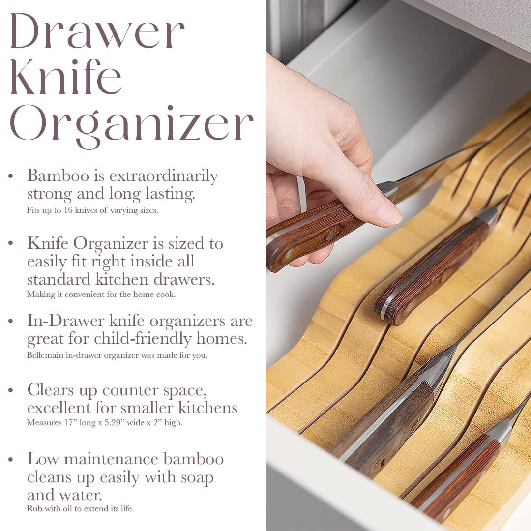 Bellemain 100% Pure Bamboo in Drawer Knife Block | 16 Knife Slots Knife Drawer Organizer | Store Knives Safely with The Blades Down | Storage Solution for Your Kitchen | Knife Organizer Drawer Insert
