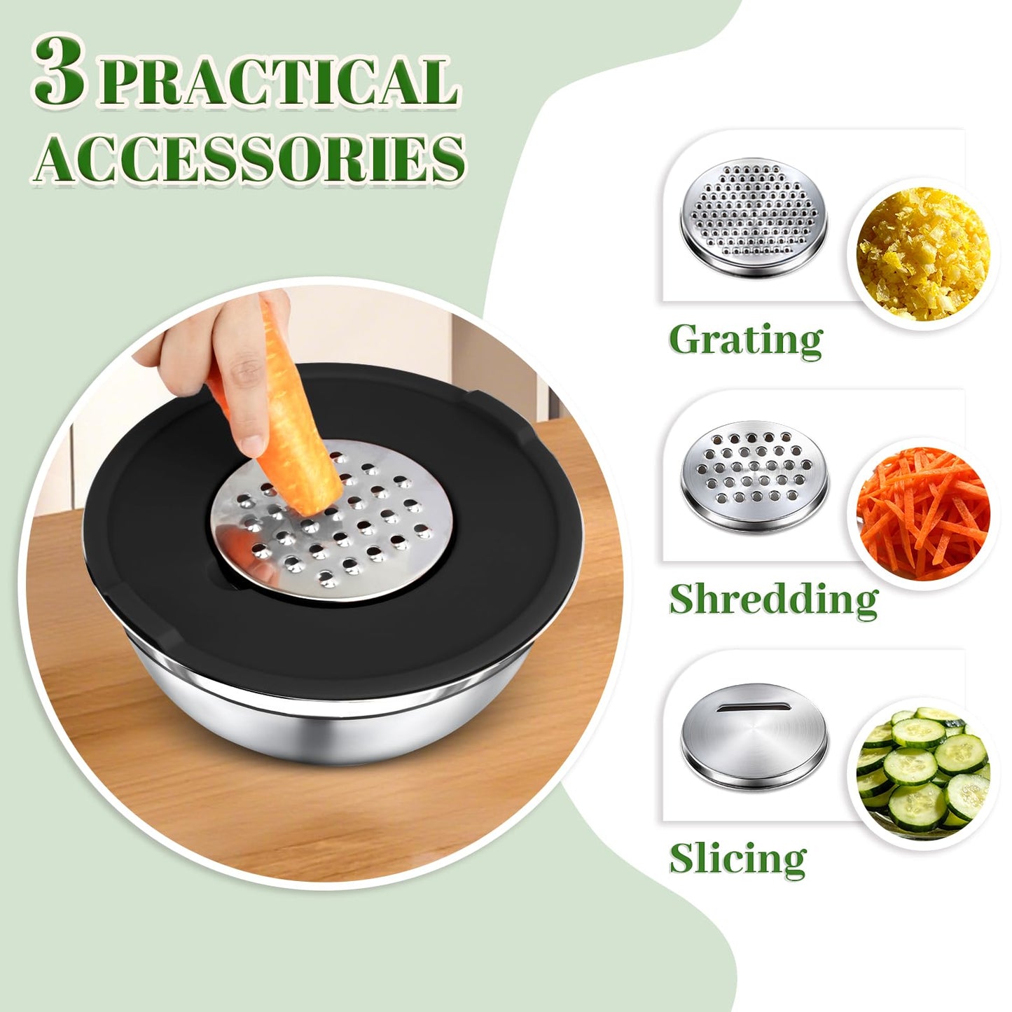 Boskermeal 8PCS Mixing Bowls with Lids Set - 5 Nesting Mixing Bowls, 3 Grater Attachments, Lids, Stainless Steel Mixing Bowls for Mixing & Serving, Size 1.5/2.1/3.5/4/4.5 QT, Black