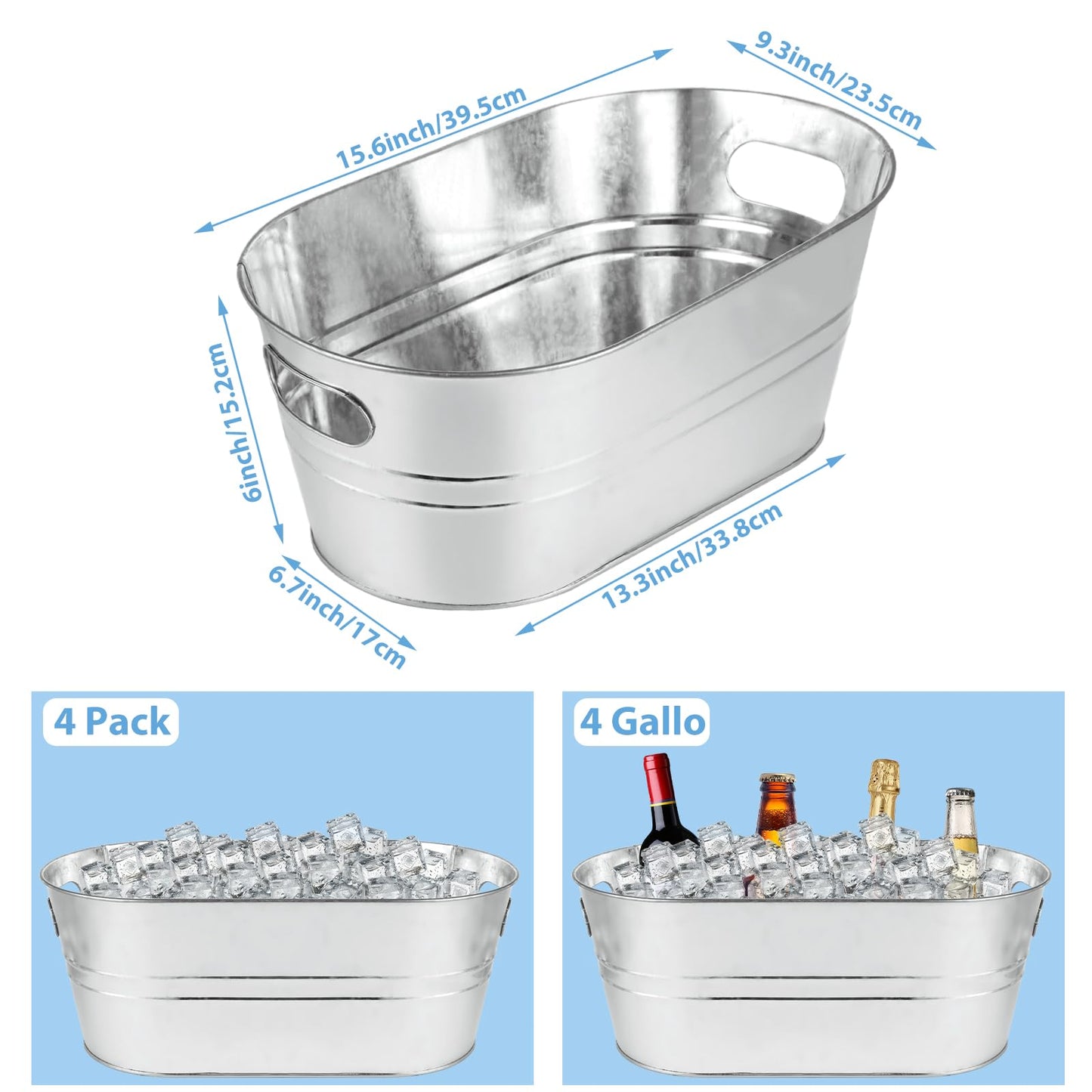MIVIDE 4 Pack Galvanized Tub 3.3 Gallon Ice Bucket Large Metal Champagne Drink Bucket with Handles Galvanized Ice Buckets for Parties Mimosa Bar Cocktail Bar