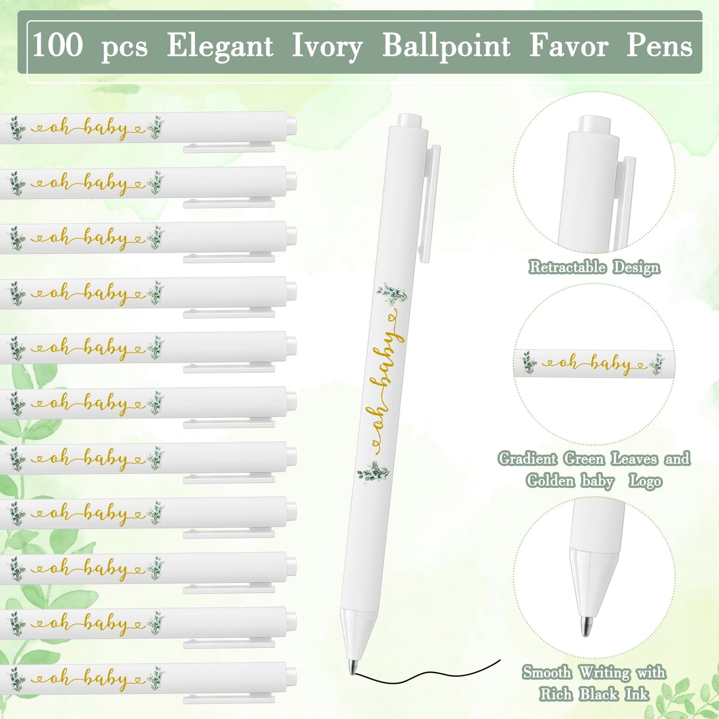 Tenceur 100 Set Baby Shower Pens Greenery Baby Shower Favor for Guest Sage Ballpoint Pens with Woodland Thank You Cards Gender Reveal Party Favor for Girl Boy Party Souvenirs Prizes