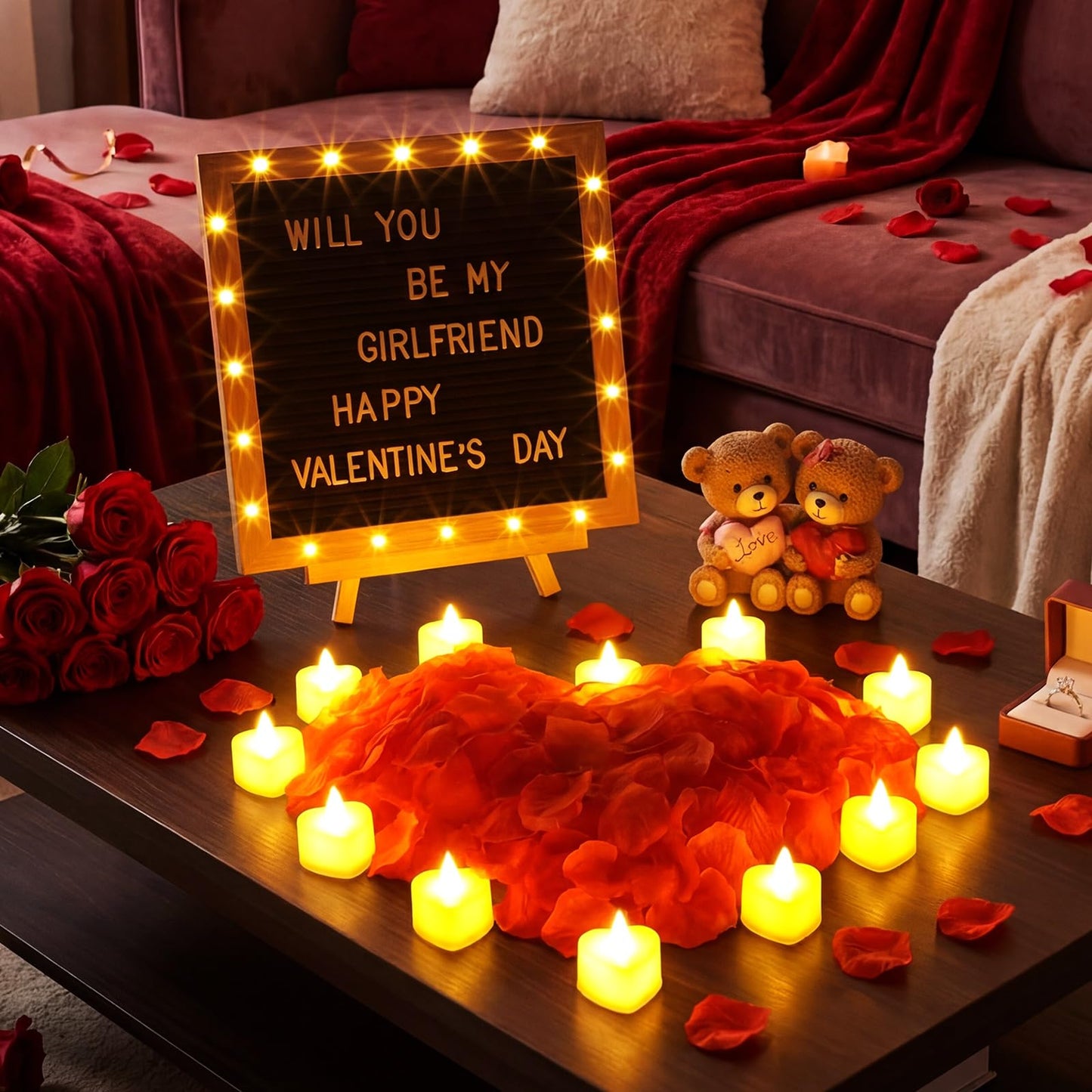 Ceenna Will You Be My Girlfriend Romantic Sign with LED Candles and Artificial Rose Petals Valentine's Day DIY Felt Letter Wood Board Sign with Lights for Valentine's Day Anniversary Party(Black)