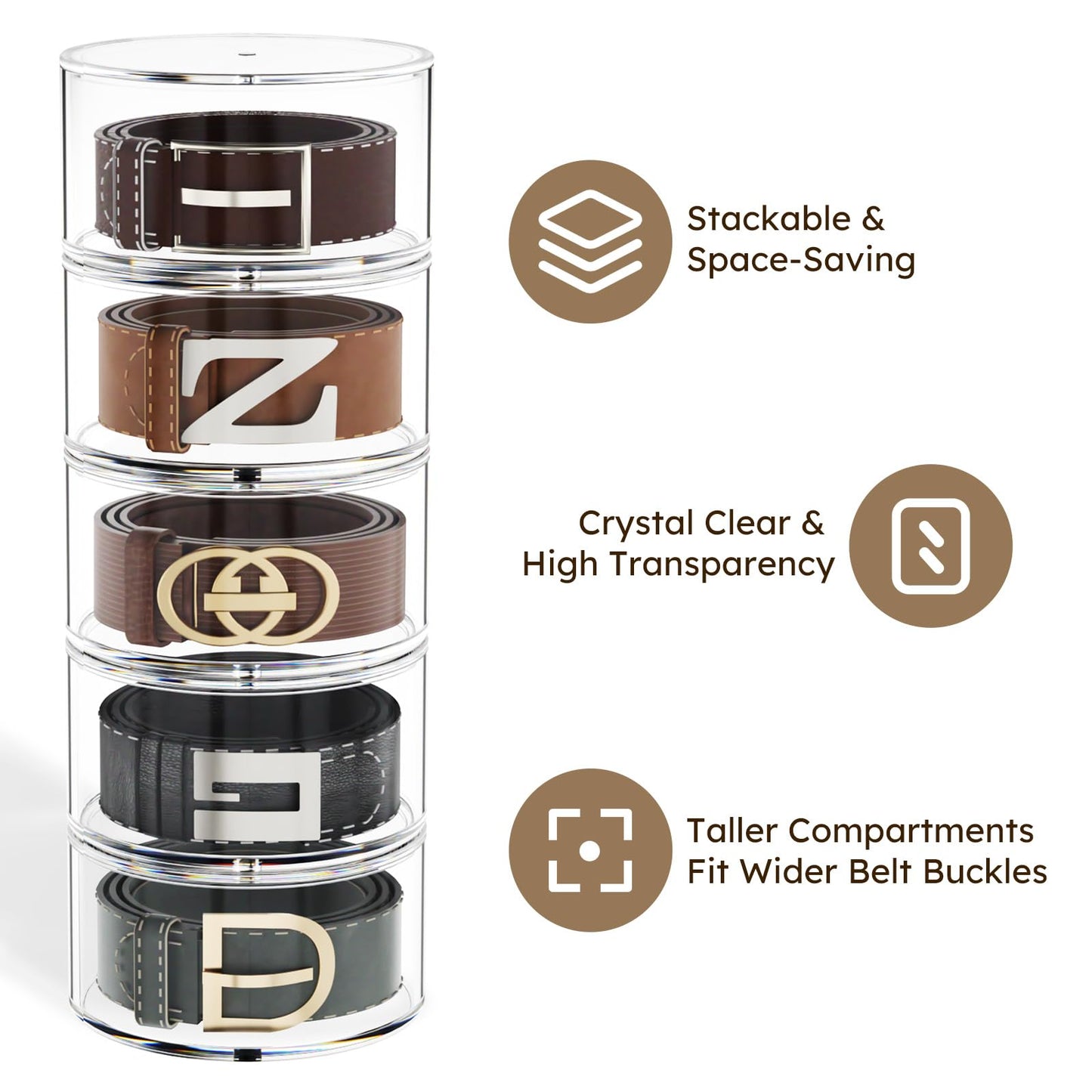 FEMELI Belt Organizer, Acrylic Belt Storage Holder for Closet & Drawer, 5-Layer Stackable Display Case for Belts, Watches, Jewelry and Ties