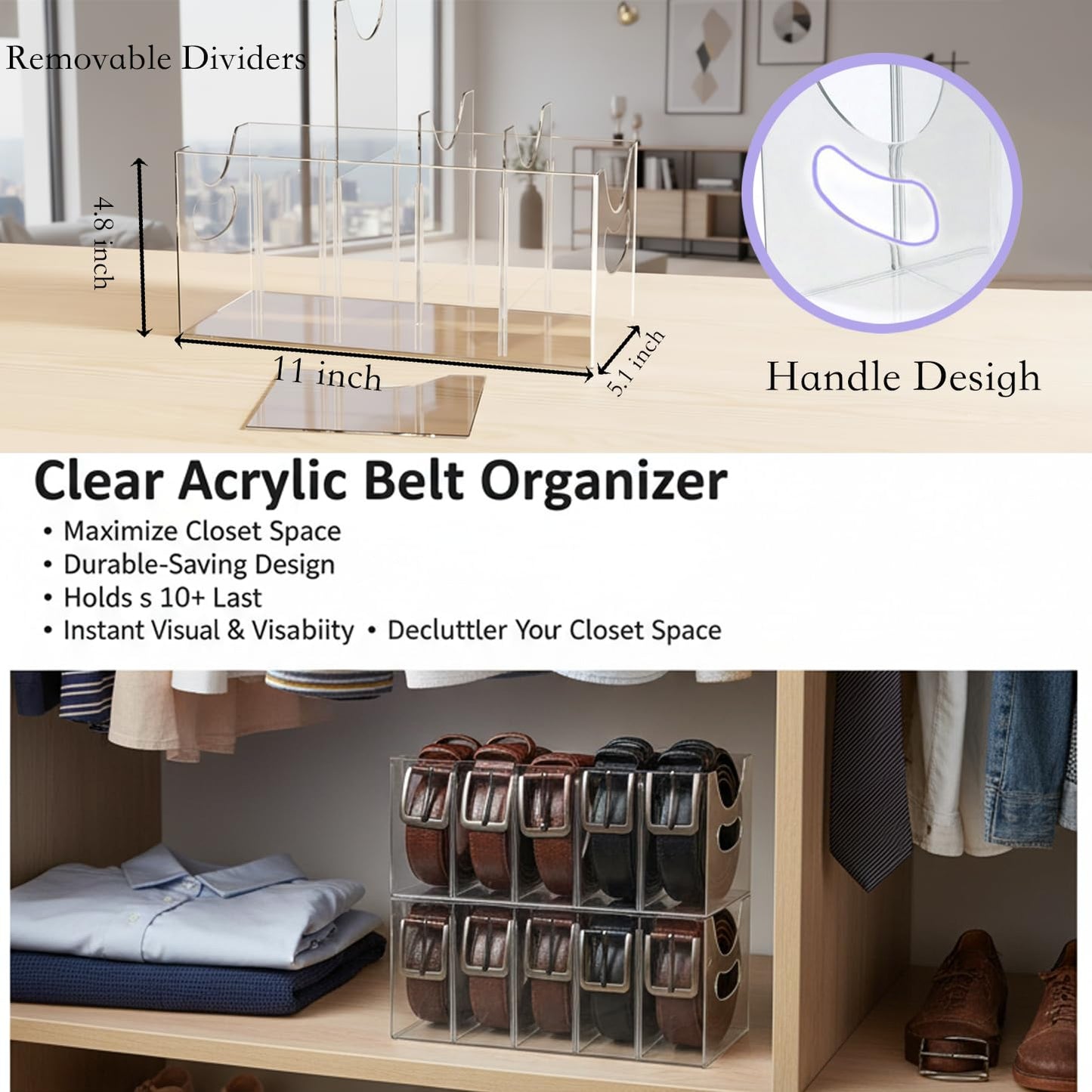 Hualinsyi Belt Organizer,Acrylic Belt Organizer for Closet with Removable Dividers 5 Compartments & Handles Drawer organization and storage for Purse,underwear, Socks,and Ties (2pack)