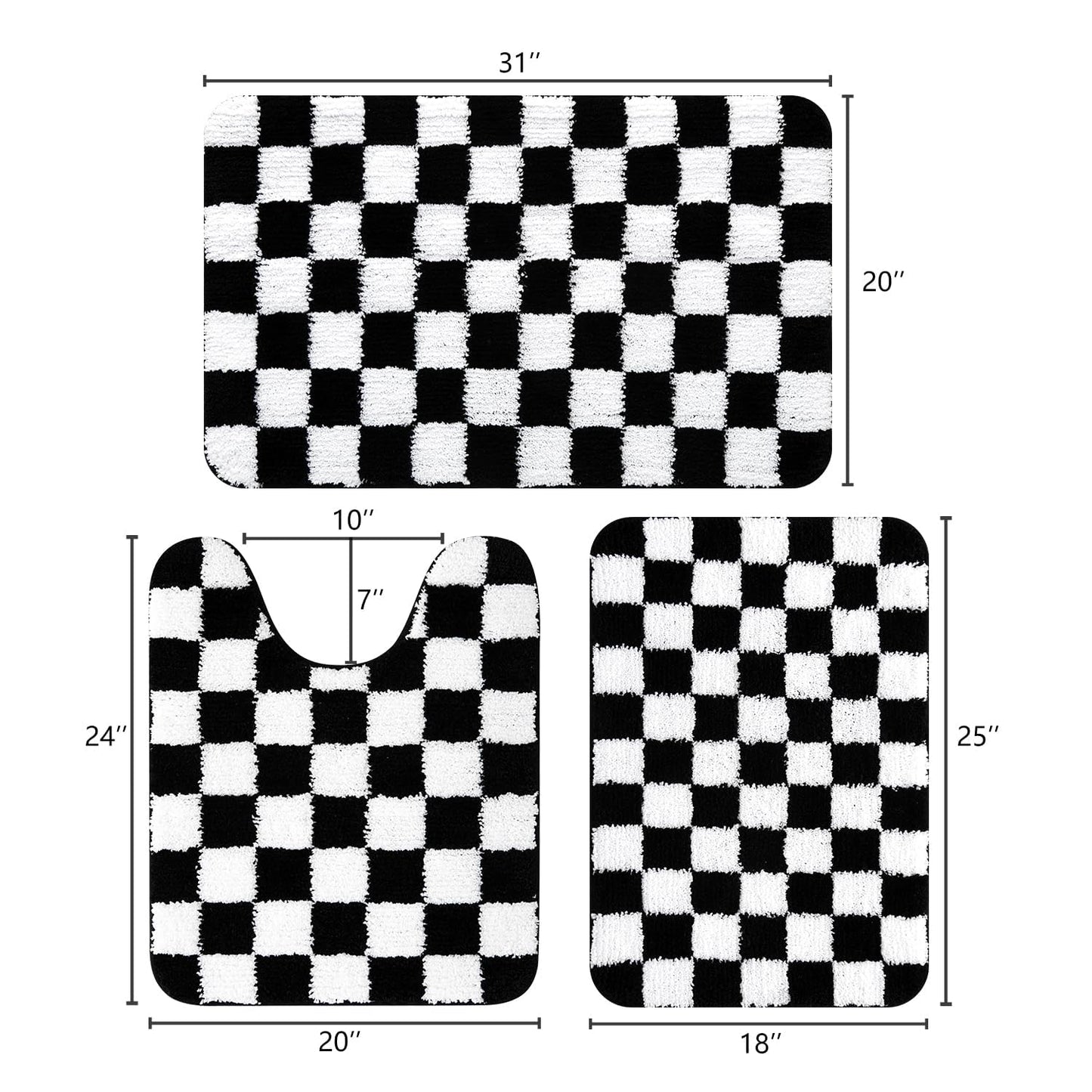Uphome Bathroom Rugs Set 3 Piece, Black and White Checkered Bath Mat Set Non Slip Machine Washable, Soft Plush Microfiber Bathroom Mat with U Shaped Toilet for Tub, Shower