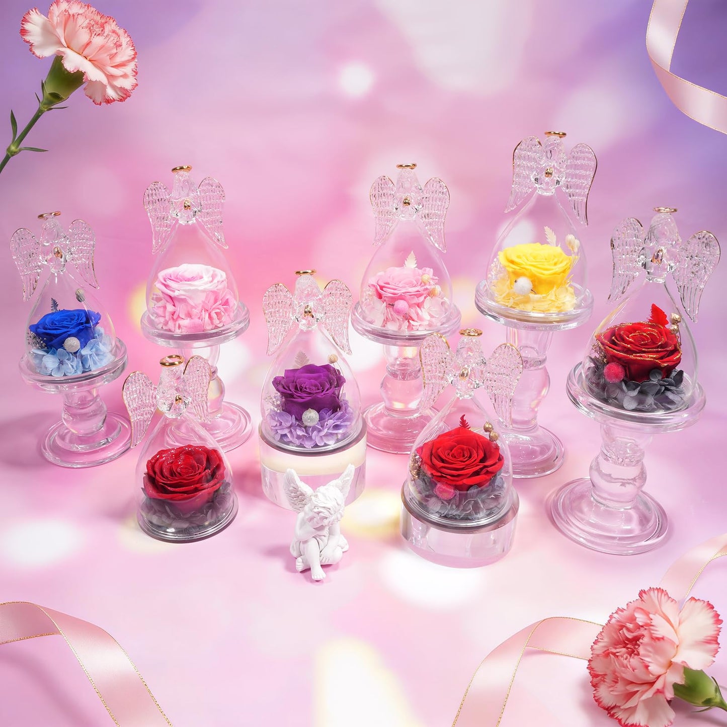 Sunia Gifts for Mom Birthday Gifts for Women, Preserved Real Roses in Glass Angel Figurine, Eternal Forever Flowers for Delivery Prime, Fresh Flower Presents for Mothers Grandma Wife Daughter Sister