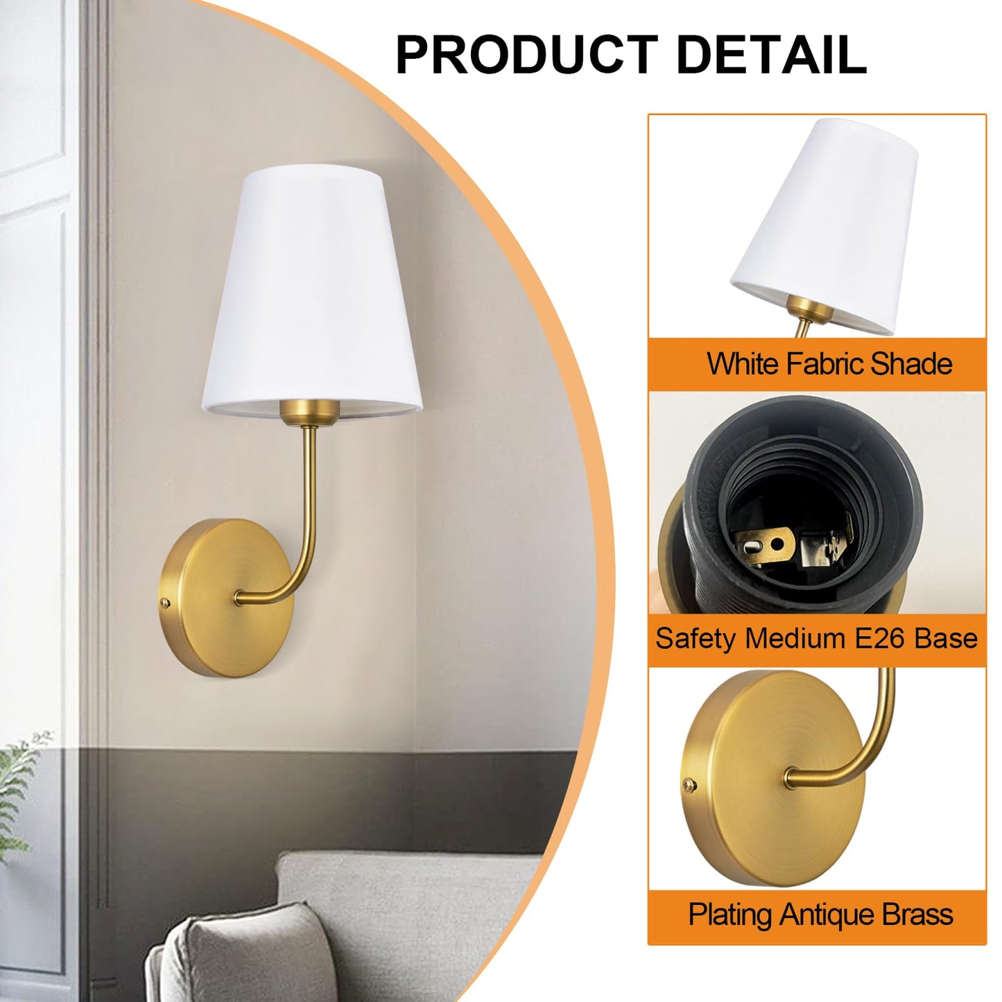 LEECOORA Antique Brass Hardwired Wall Sconce Set of 2 - Gold Finish with White Fabric Shades，Bedroom Lighting, Living Room, Farmhouse, Fireplace, Hallway, Bedside Lamp,Bathroom Wall Lights