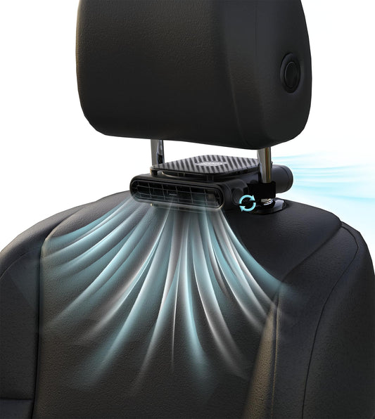 SEAINGO Car Fan for Front and Back Seat, USB Powered (No Battery, Not Rechargeable), Headrest Mount Cooling Fan with Front/Rear Airflow Switch and 3 Speeds, Fits Headrest Posts Spaced 4.6–6.2 in