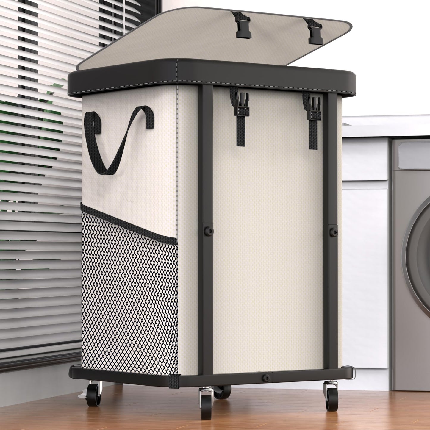 150L (40 Gal) Large Fashion Laundry Basket with Wheels, Leather Patchwork Rolling Hamper Carts, Sturdy Metal Frame, Removable Washable Bag, Tall Clothes Sorter for Bedroom, Laundry Room - Beige