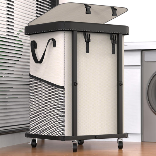 150L (40 Gal) Large Fashion Laundry Basket with Wheels, Leather Patchwork Rolling Hamper Carts, Sturdy Metal Frame, Removable Washable Bag, Tall Clothes Sorter for Bedroom, Laundry Room - Beige