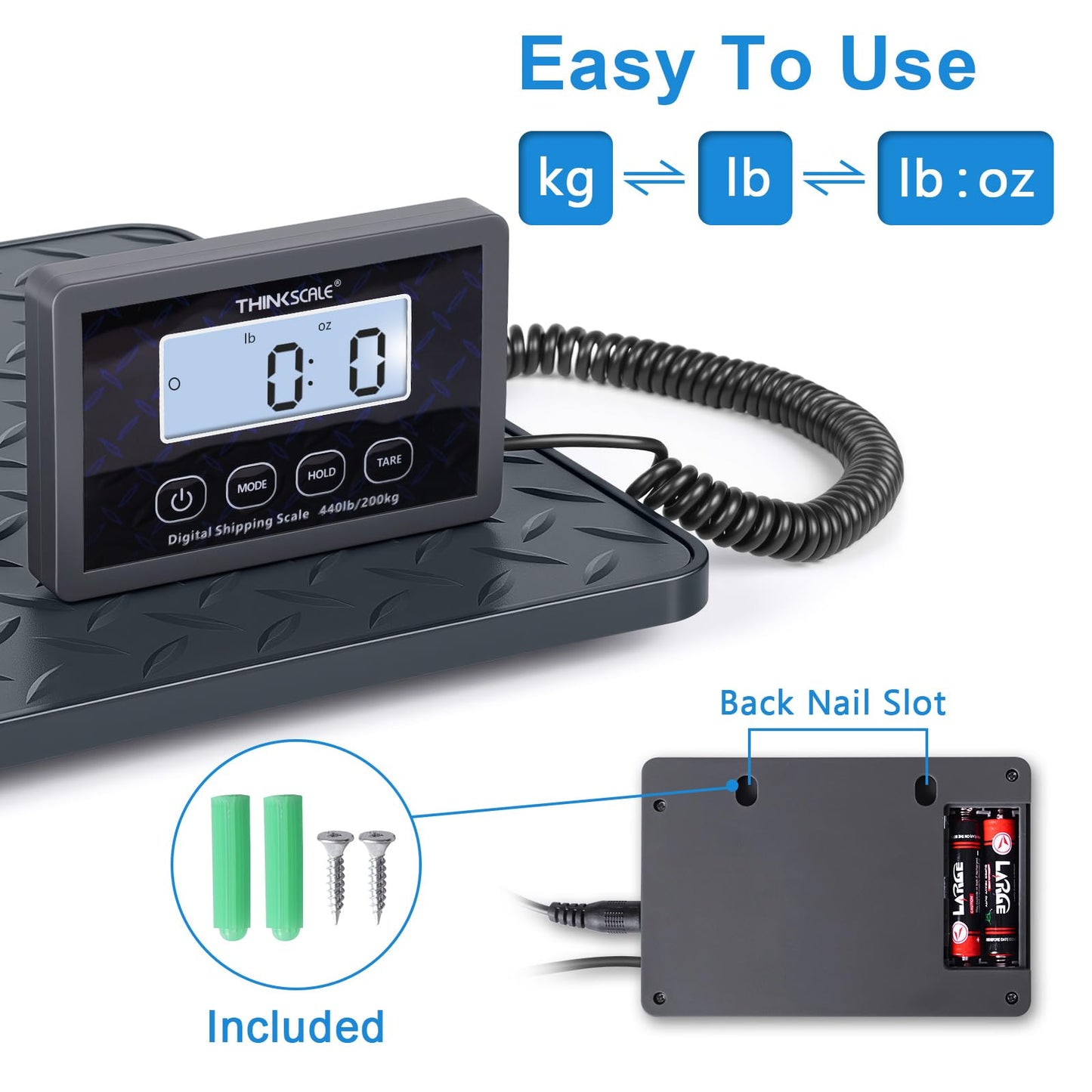 THINKSCALE Shipping Postal Scale with Integrated One-Piece Platform, 10g High Accuracy 440lb Capacity for Packages, Small Business & Warehouse, Battery & AC Adapter Included