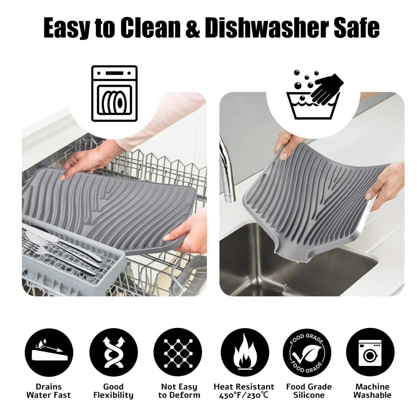 TIKNIK Silicone Dish Drying Mat, Stone Drying Mat for Kitchen Counter with Built-In Drain, Non-Slip Drain Pad with Built-in Drain, Heat Resistant Stone Drying Mat, 1Pcs 20" x 15", Grey