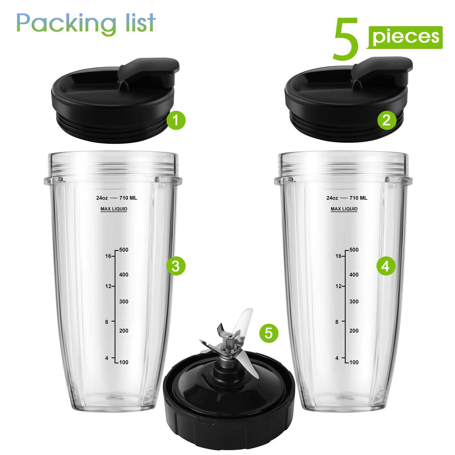 MEET JUICE Blender Replacement Parts Compatible with Ninja Auto-iQ Blenders, 24oz Cups with Lids and 7-Fin Extractor Blade for BL480 BL640 BL642 Series (Compatible with 7-Fin Systems Only)
