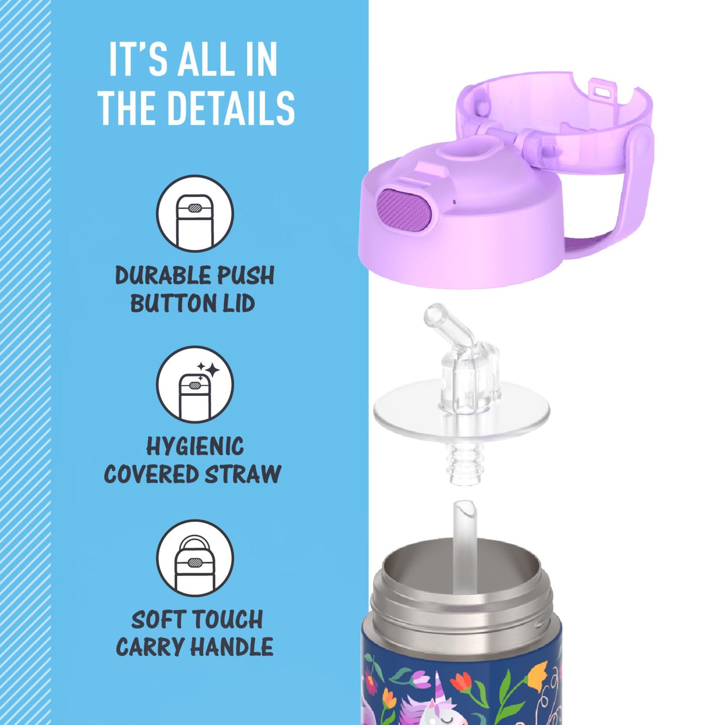 THERMOS FUNTAINER Water Bottle with Straw - 12 Ounce - Kids Stainless Steel Vacuum Insulated Water Bottle with Lid, Unicorn Blooms