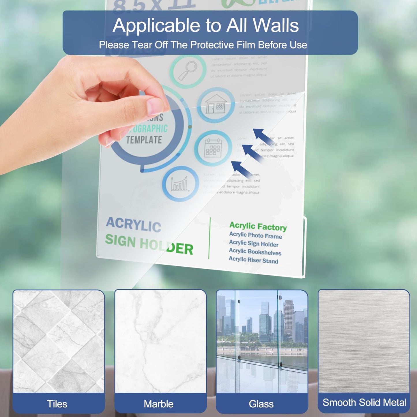 Acrylic Sign Holder 8.5 x 11 Wall Mount, Clear Plastic Paper Sign Display with Tape, No Drilling Acrylic Wall Frame for Office, Home, Store, Restaurant (12 Pack)
