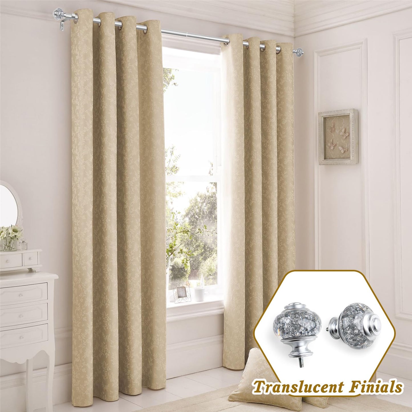 1 Inch Curtain Rods 72 to 144 Inches (6 to 12 ft) Telescoping Single Drapery Rod, USFOOK Heavy Duty Curtain Rods for Windows with Silver Decorative Translucent Finials