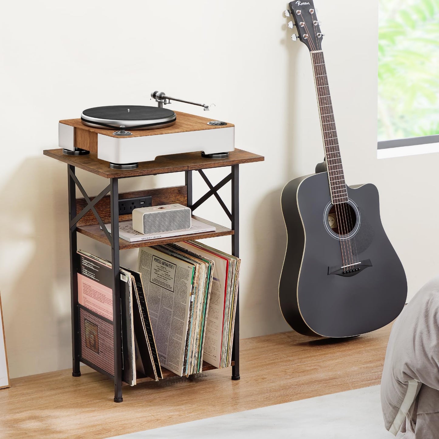 AMHANCIBLE Record Player Stand with Charging Station, Large Turntable Stand with Storage Cabinet, 3 Tier End Table Hold Up to 100 Albums, Record Stand for Vinyl, Living Room, Brown, HETCD012BR-1