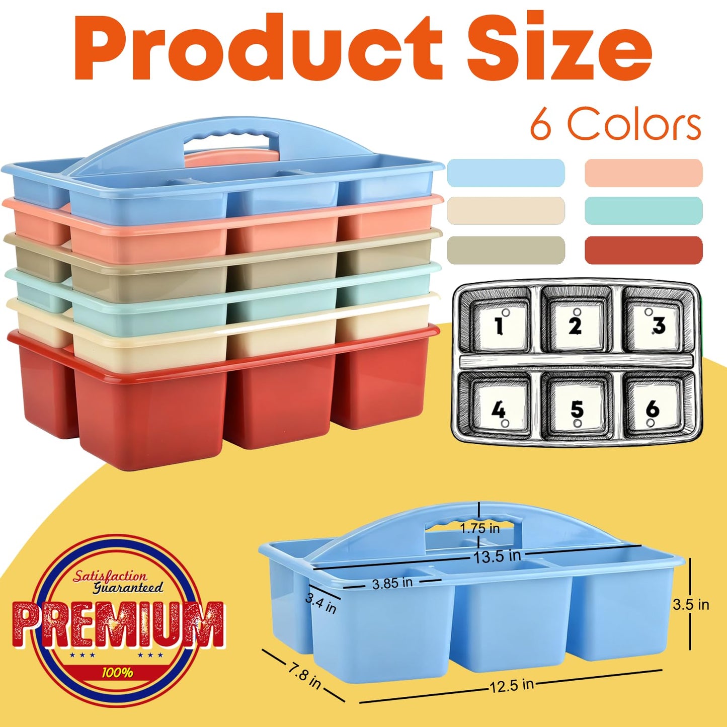 ALINK Plastic Classroom Caddy with 6 Compartments, 6-Pack Teacher Supply Storage Caddy Organizer for Classroom Supply, Office, Table, Desk, Craft Art, Pencil, Crayon, Marker - Macaron