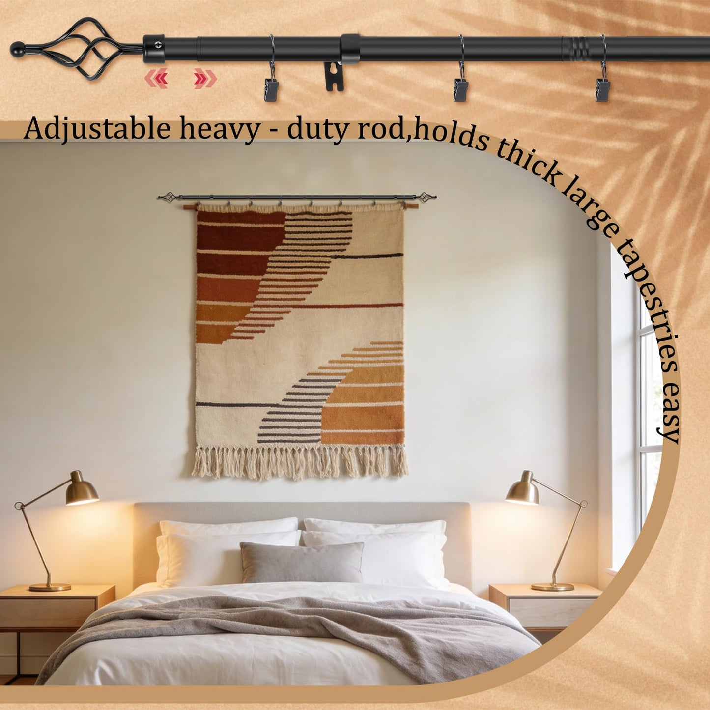Marsui Tapestry Hanger Telescopic Rod Quilt Hanger for Display Adjustable 32" to 79" Wall Hanging Bar Mounted Quilt Rack Spiral Cap with Clips Iron Rustic Farmhouse Style Bedroom Living Areas (Black)
