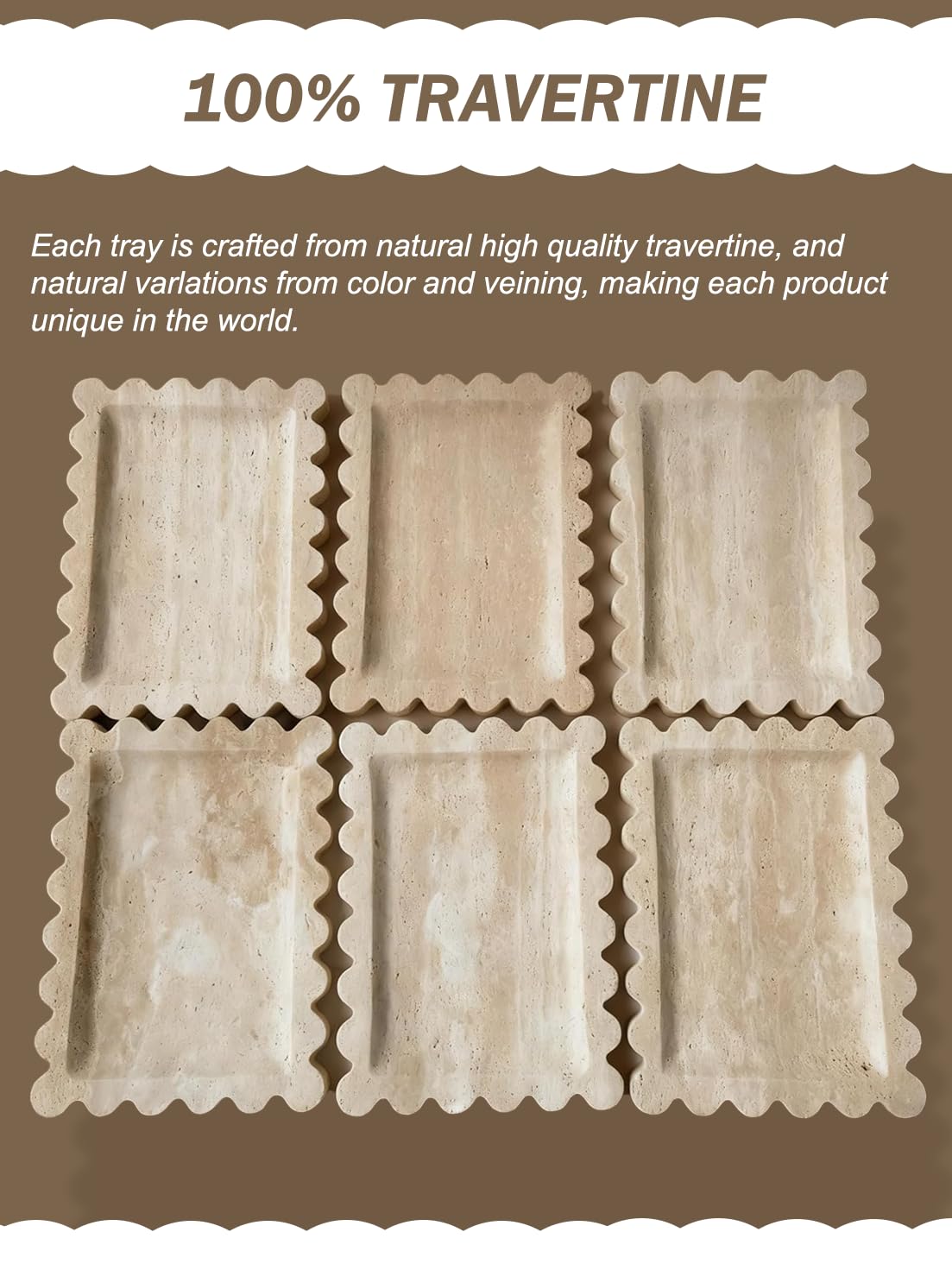 Denique Natural Travertine Tray with Scalloped Edge, 10.8x8 Rectangle Vanity Tray for Bathroom Kitchen Countertop, Beige Decorative Stone Storage Tray for Dresser Home Decor