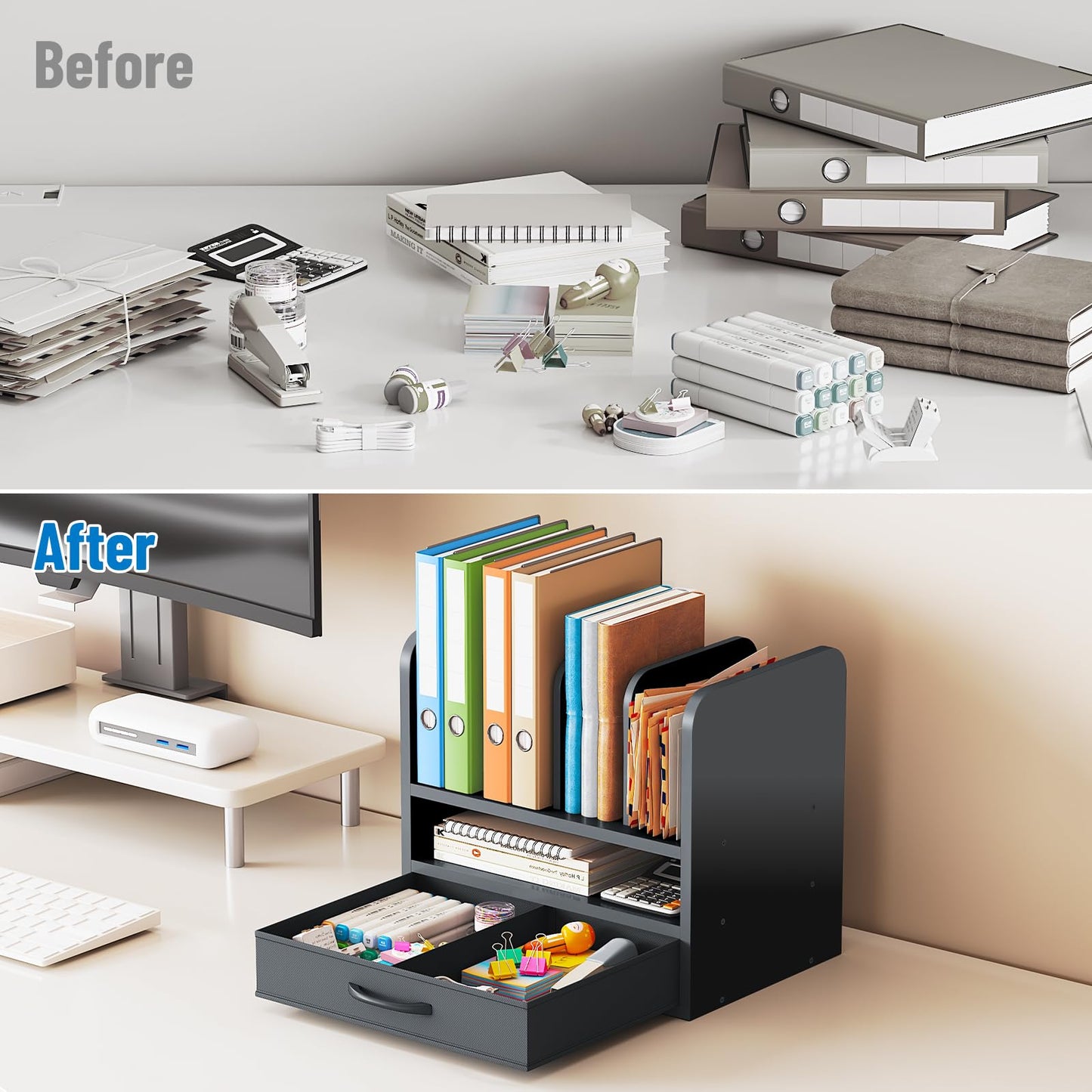 NiOffice Desk File Organizer for Home, Office, School, Wooden Frame Desktop Storage Solution for Office Supplies, Documents, Papers, Folders and Stationery, Space-Saving and Stylish Document Sorter