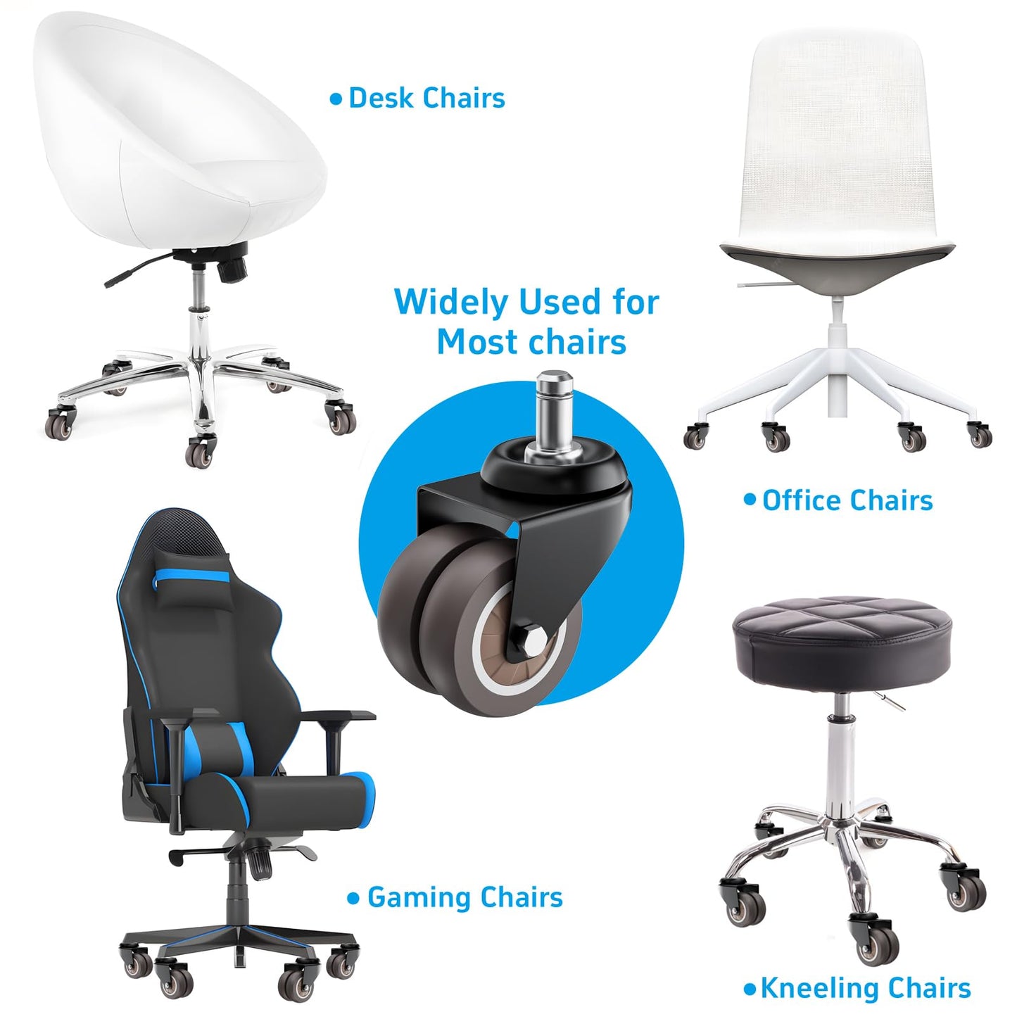 ASHGOOB 2 Inch Low Profile Office Chair Casters 650 lbs, Dual-Wheel TPR Rubber Wheels with Electrophoretic Coating Steel Bracket, Silent Non-Scratching for Hardwood Floors, Set of 15 (Grey)