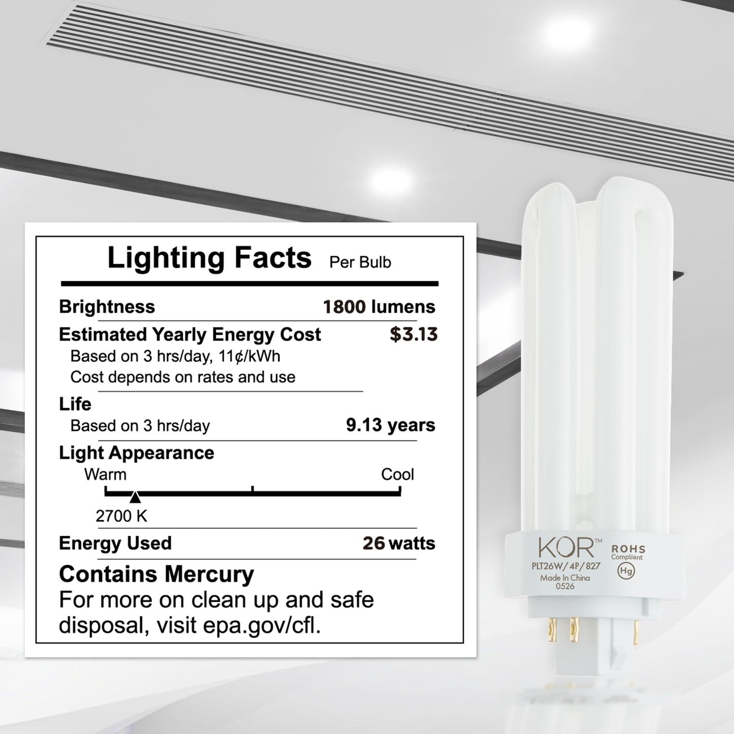 KOR 26W CFL Plug-in Bulb – GX24Q-3 Base, 2700K Warm White, Triple Tube, (4-Pin) Replaces Sylvania 20879, Philips 458240, GE 97614 – Pack of 4
