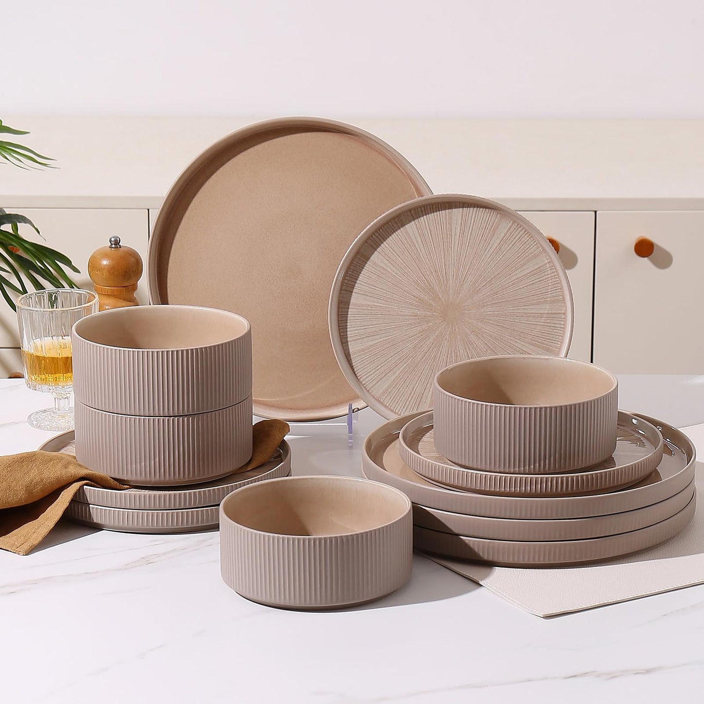 ALOFMO Dinnerware Sets for 4, Ceramic Plates and Bowls Set 12 Piece Dinnerware Chip Resistant Stoneware with Advanced Inkjet Printing Technology, Dishwasher and Microwave Safe-Dusty Brown