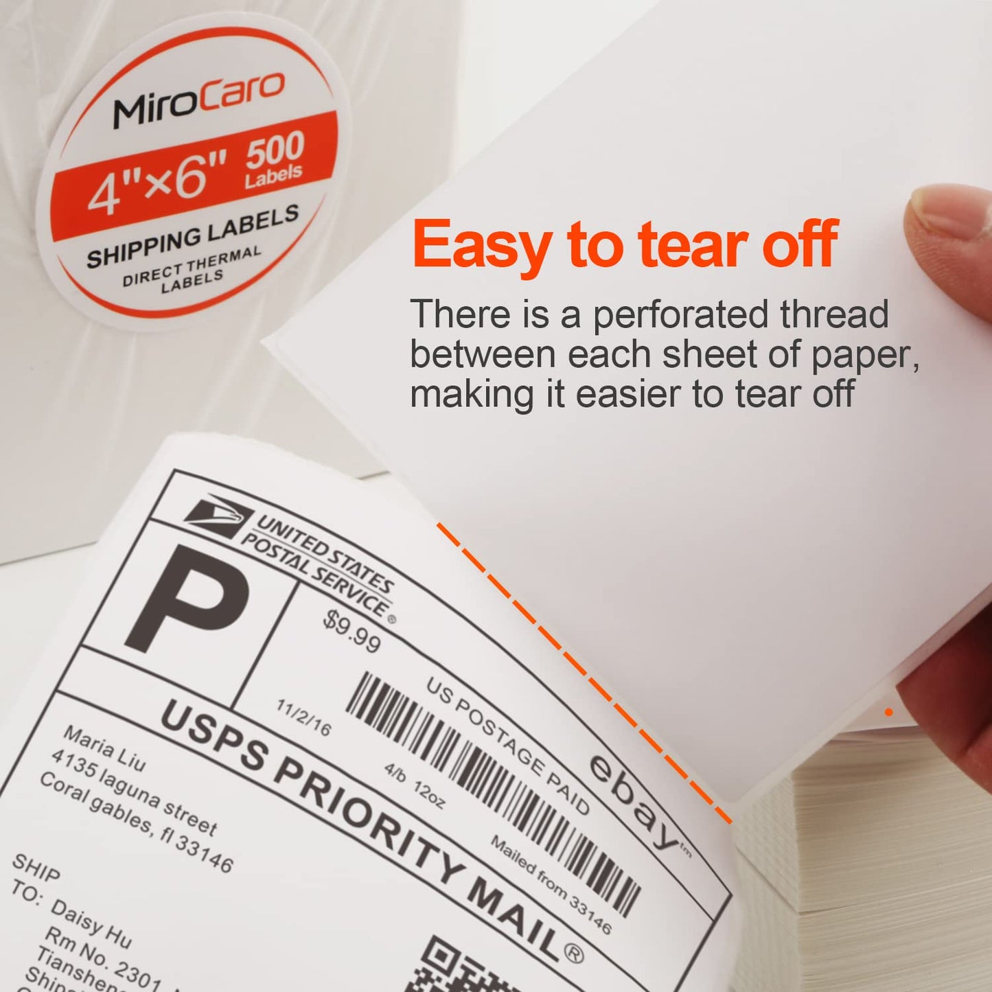MiroCaro 4" x 6" Shipping Labels for Thermal Printer, Fan-Fold Postage Thermal Labels, Mailing Labels for Packages (4 Stacks, 2000 Labels)