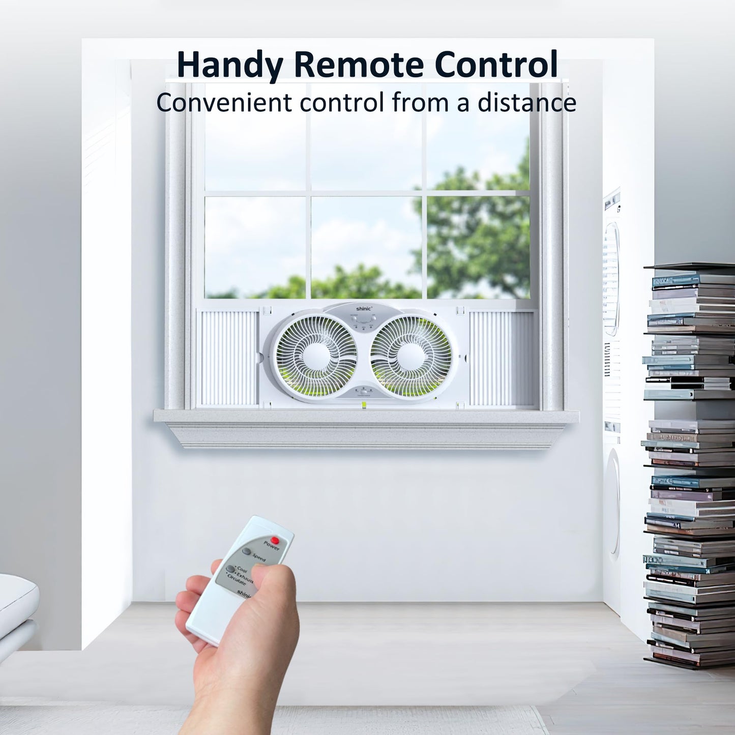 shinic 9" Twin Window Fan with Remote,ETL Certified Reversible Airflow Exhaust Fan for Home,3 Speeds 3 Modes Air Circulator with Bug Screen,Fits Windows 24"-37" White