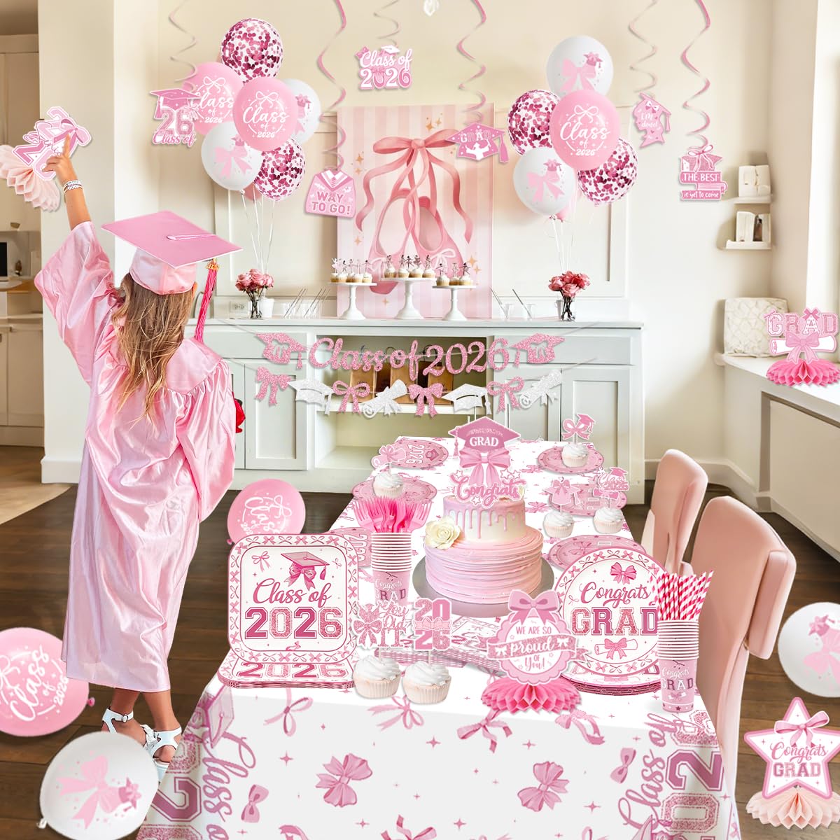 2026 Graduations Decorations Pink Bow Class of 2026 Plates and Napkins Banner Grad 2026 Tablecloth Congrats Grad Cake Topper Hanging Swirls Balloons Graduation Party Supplies