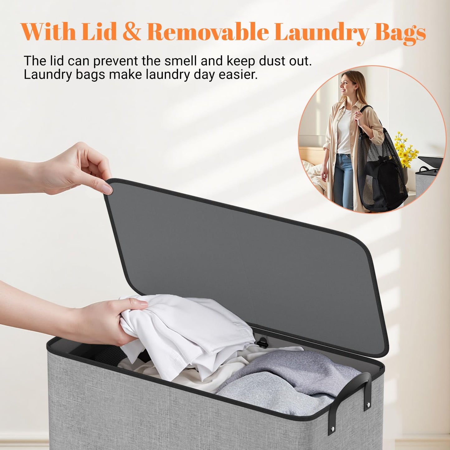 SmartTrends Large Double Laundry Hamper with Lid, Removable Bags & Reinforced Handles, 2 Section Tall Laundry Basket, Dirty Clothes Hampers for Laundry Room, Bedroom, Bathroom, Dorm, 136L, Gray