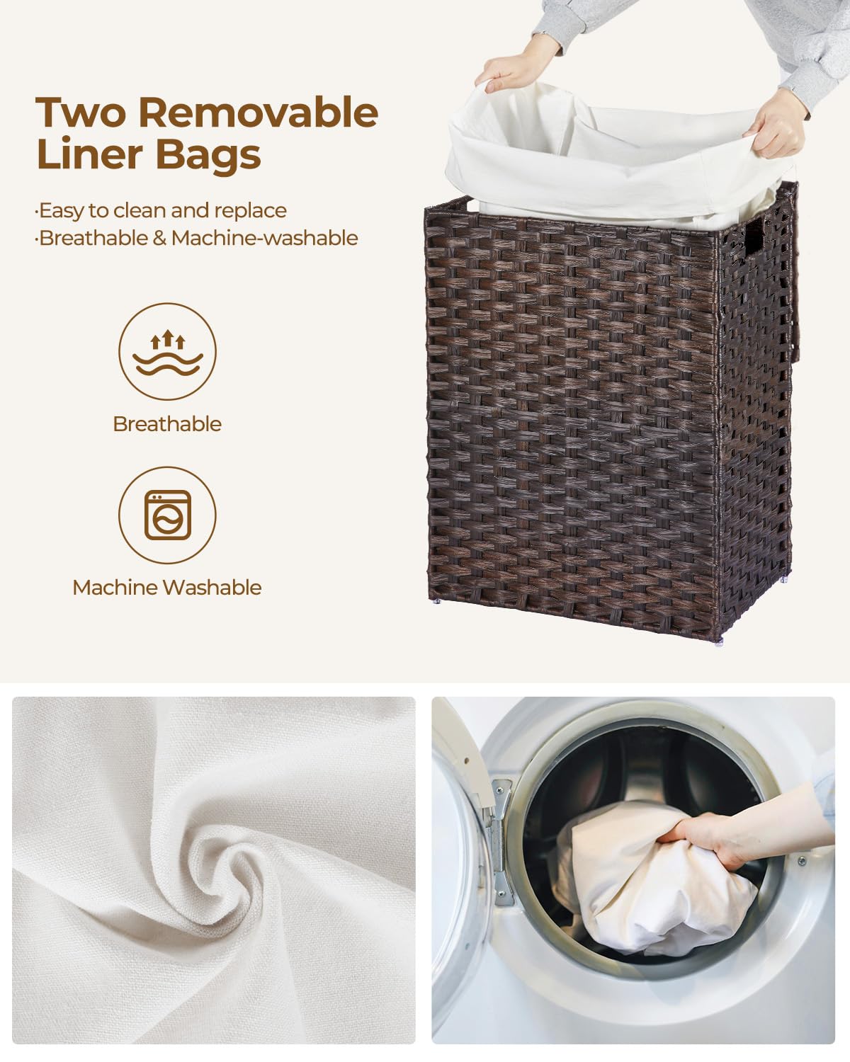 Greenstell Laundry Hamper with Lid, 90L Clothes Hamper with 2 Removable Liner Bags & 2 Mesh Laundry Bags, Handwoven Synthetic Rattan Laundry Basket for Clothes, Toys in Bathroom, Bedroom Brown