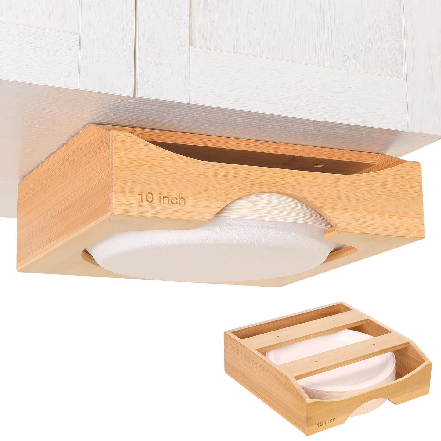 CKIU 10-inch Paper Plate Dispenser Under Cabinet, Bamboo Paper Plate Holders, Kitchen Counter Vertical Plate Dispensers Holders Countertop Caddy(For 10-inch Plates, Bamboo)