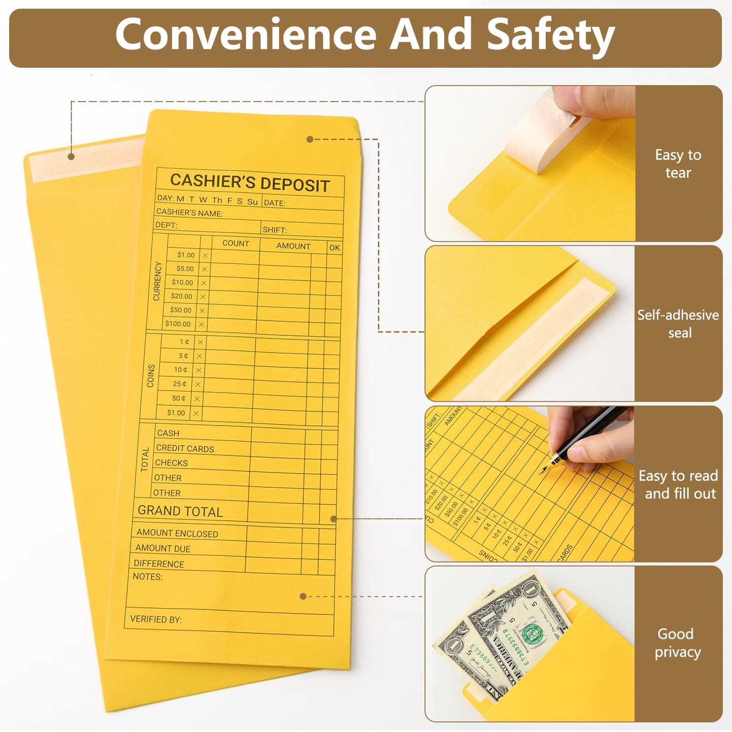 zmybcpack 500 Pack Cashier Deposit Report Envelopes 4.5"x 10.375"- Cash Drop Envelopes - Cashier's Deposit Envelope - Peel & Seal Money Envelope for Cash Storage and Budgeting