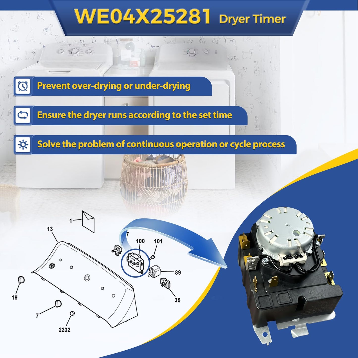 WE04X25281 Dryer Timer Compatible with GE Hotpoint, Replacement Part 4467036 AP6031731 PS11763068 EAP11763068 234D2377P002 TMD1CM34