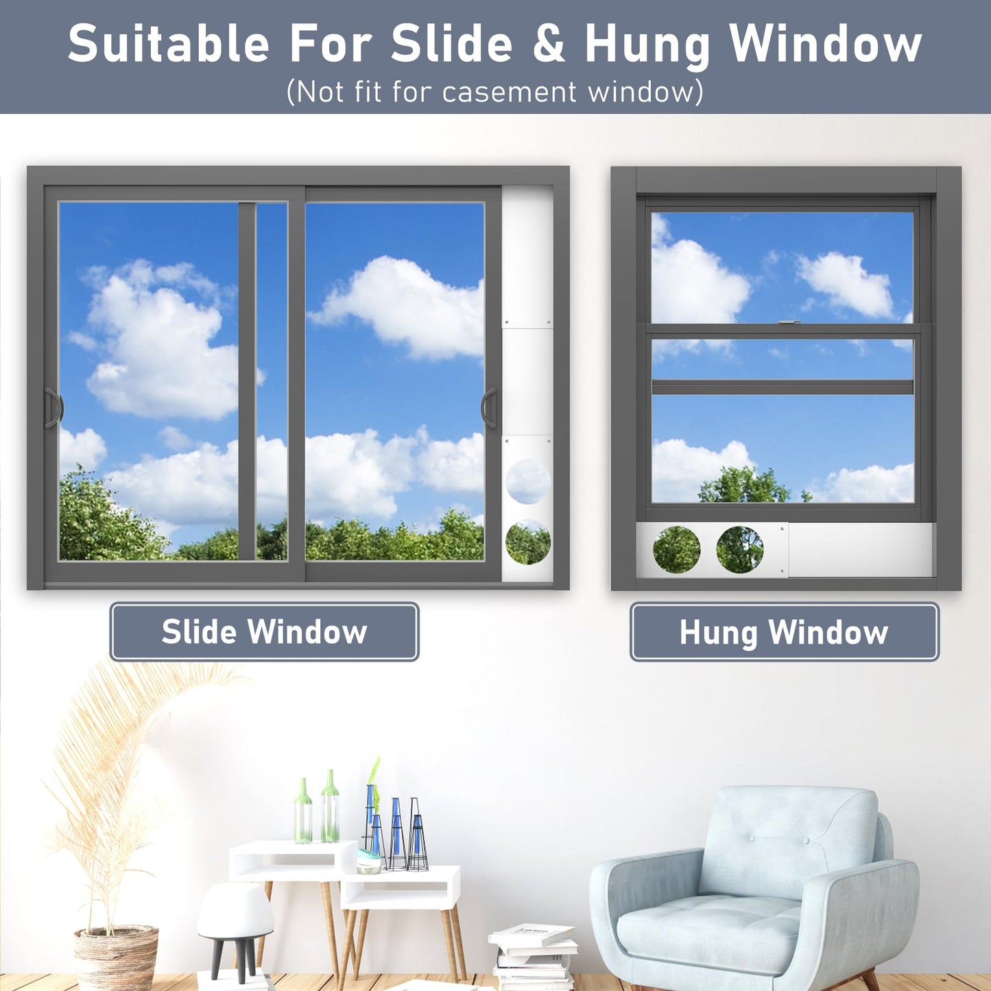 Flamorrow Dual Hose Portable Air Conditioner Window Kit, Adjustable Window Seal Plates for 5" Diameter Exhaust Hose, Sliding AC Window Vent Kit with Foam Seal Strip, White