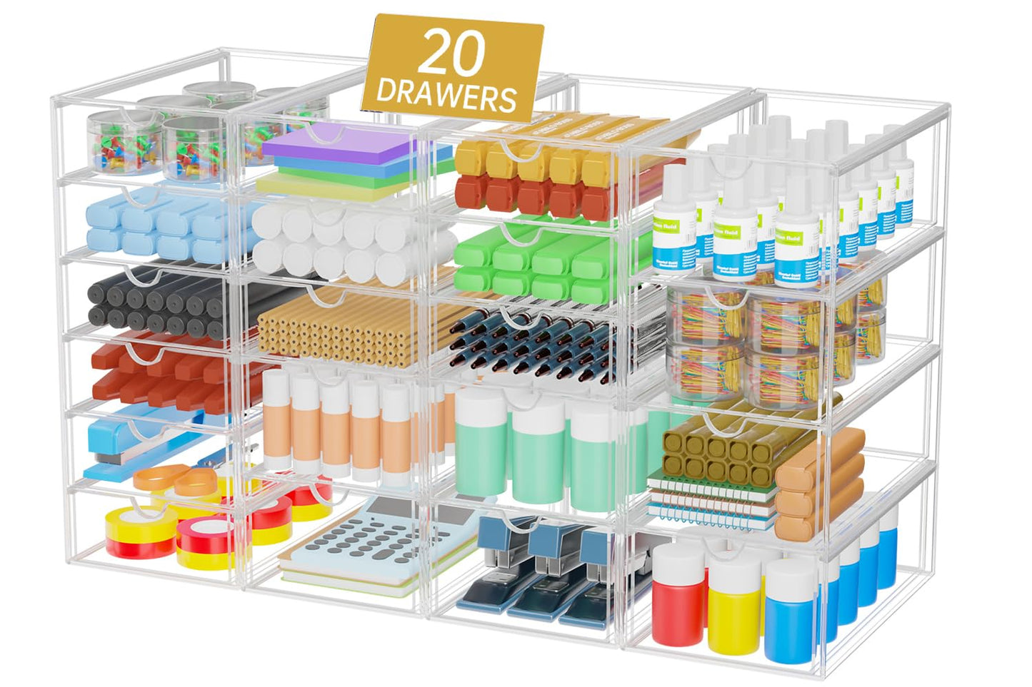 Acrylic Makeup Organizer with 20 Drawers, 4 Set Clear Storage Drawers, Acrylic Drawer Organizer and Storage for Desktop Office Supplies Make Up Pen Hair Accessories