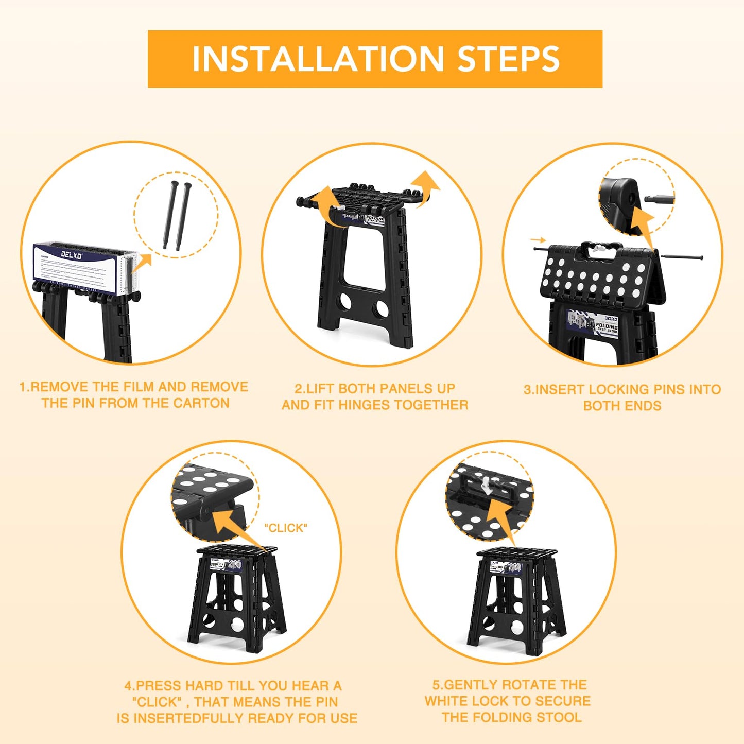 Delxo 16 Inch Folding Step Stool,Foldable Stool for Adults with Safety Lock,Portable Collapsible Plastic Stepstool,Non Slip Folding Stools for Kitchen Bathroom Bedroom Up to 400LBS,(Black 1PC)