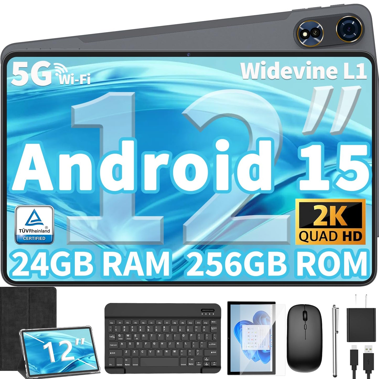 12 Inch Tablet Android 15 Tablets, 2025 Upgraded Android Tablet with Keyboard, 24GB RAM+256GB ROM(1TB Expand), Octa-Core, 2K 2000x1200 Display, 16MP Dual Camera, 8000mAh, 2.4G/5G WiFi, GPS (Black)