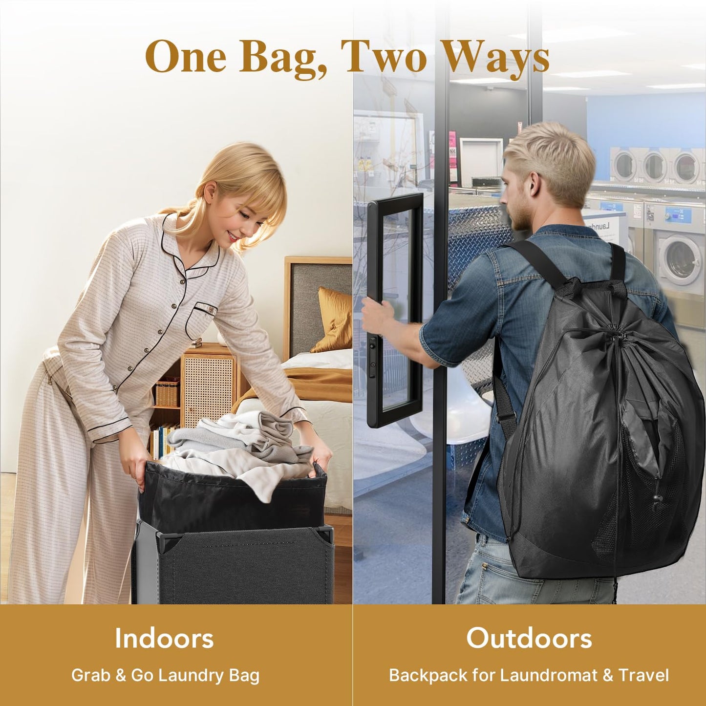 Foluck 60L 2-in-1 Laundry Hamper with Laundry Backpack, Waterproof Basket with Lid, Laundry Bag with Shoulder Straps and Mesh Pocket, Hamper for College Dorm, Travel, Apartment, Laundromat
