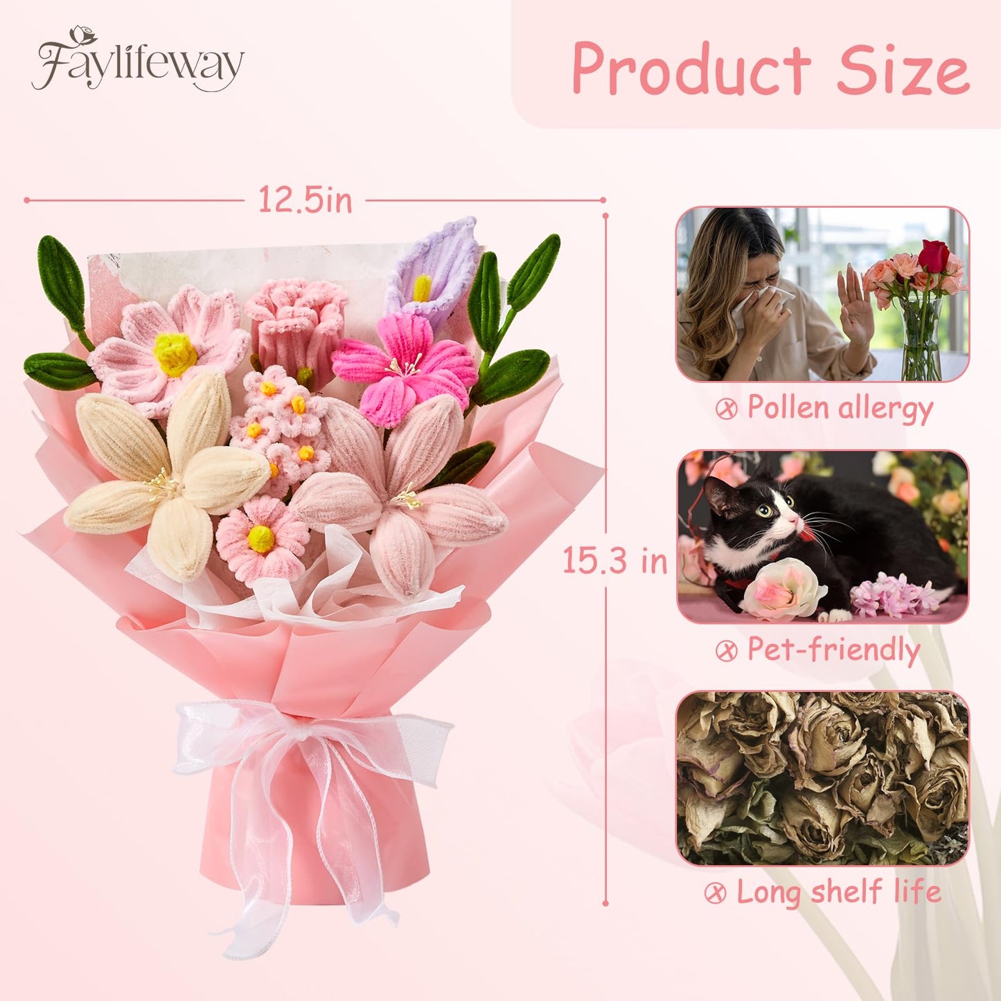 Faylifeway Pipe Cleaner Flower Bouquet Already Made, Pink Chenille Stem Flowers, Flower Bouquet for Mom Women, Birthday Anniversary Graduation Gift(Include Card)