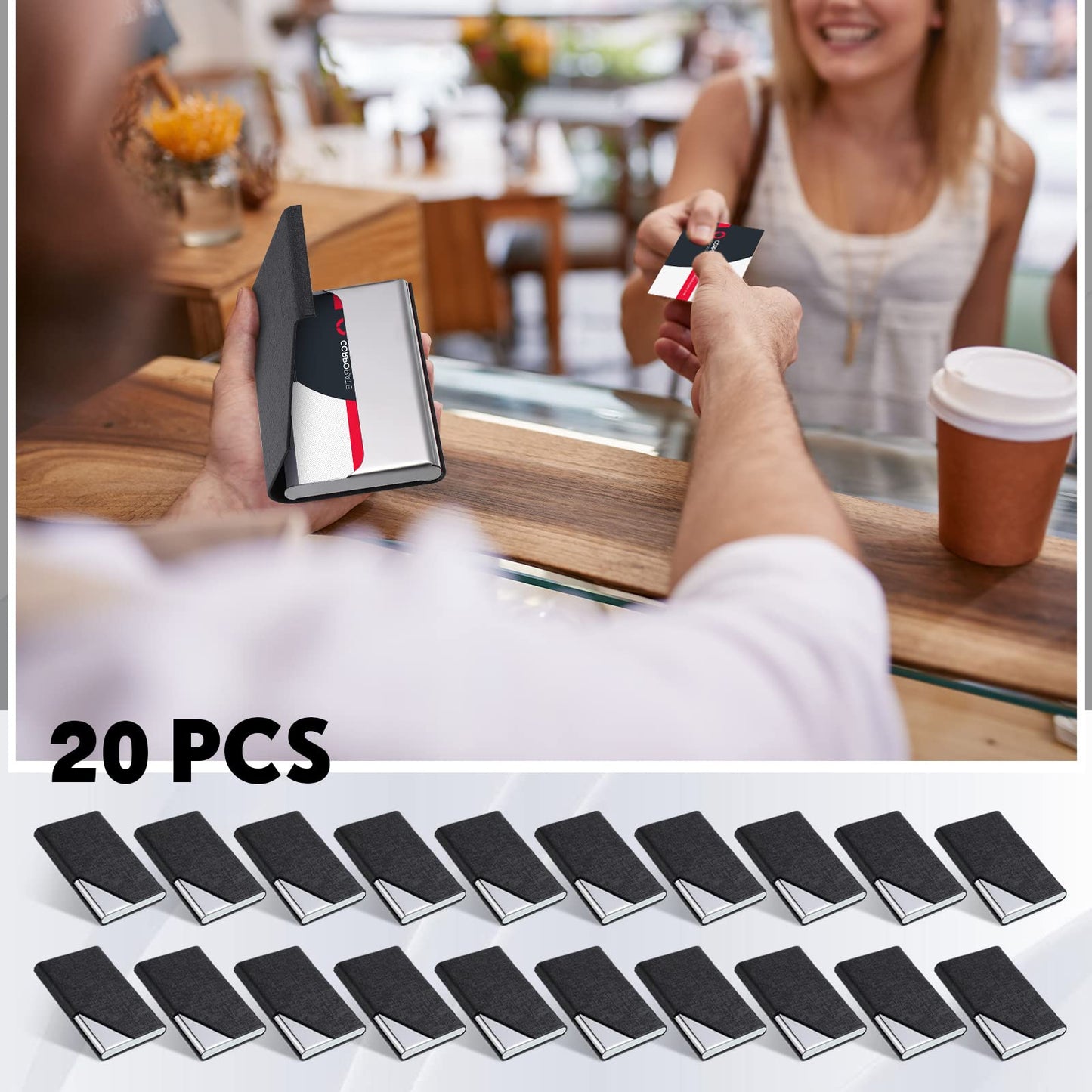 Yexiya 20 Pieces PU Leather Business Card Holder with Magnetic Closure Stainless Steel Slim Wallet Case for ID Credit Card Women Men(Black)