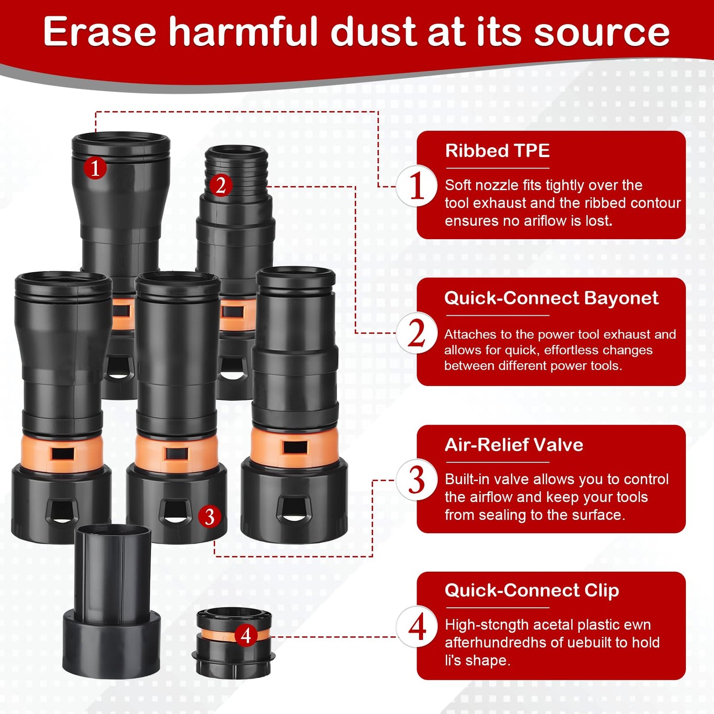 16FT Shop Vac Hose with 6 Adapter Attachments,Fits 1-1/4" Vacuum Cleaner Hose,Multi-Size Fittings0.9" to 1-3/4",Universal Shop Vac Accessories (Please Confirm Hose Size Compatibility)