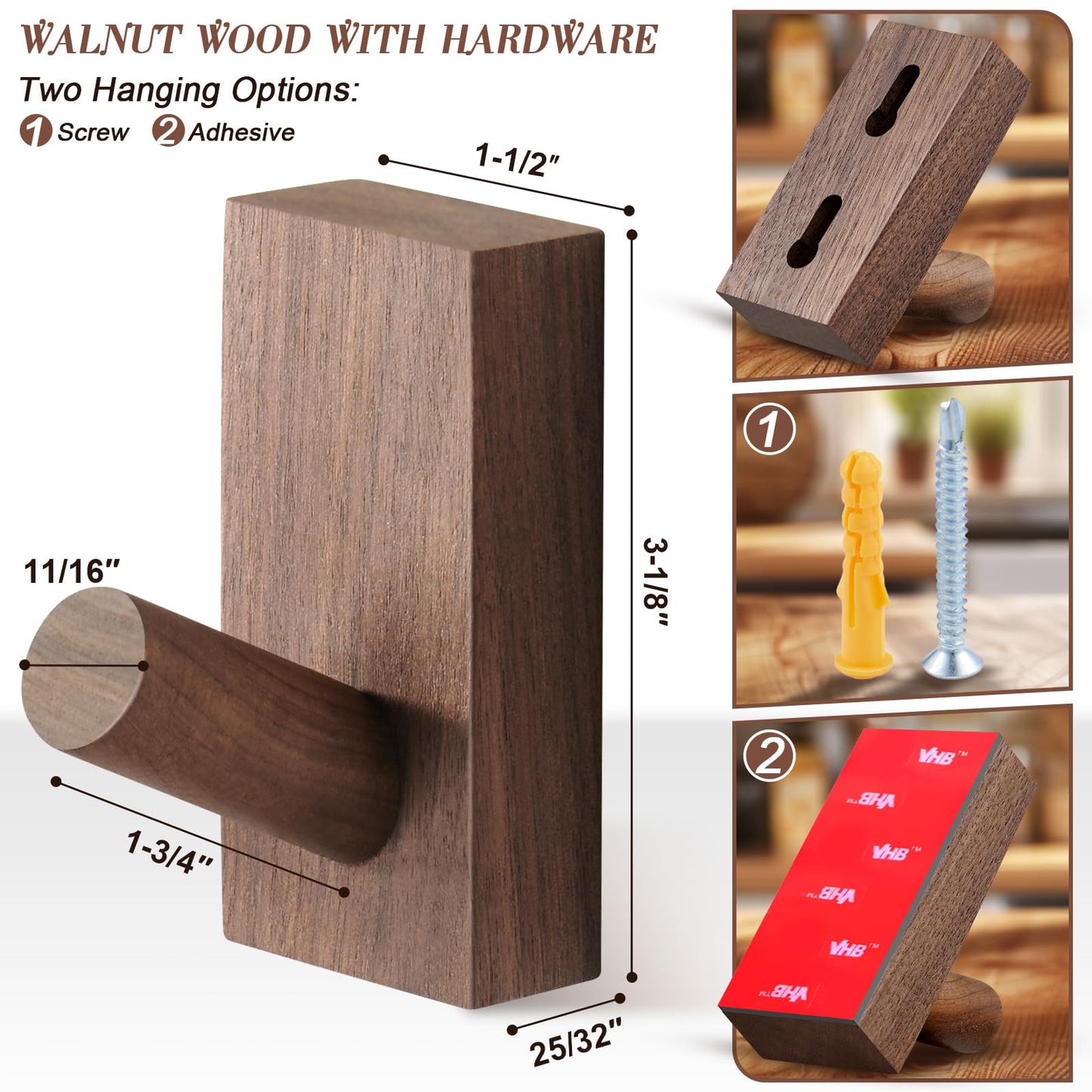 Felidio Natural Wooden Wall Hooks, Adhesive & Screw Mount Coat and Towel Hooks - Decorative Key Holder, Hat Rack, Stocking Wall Hangers for Bathroom Entryway Closet - 6 Pack, Walnut Wood