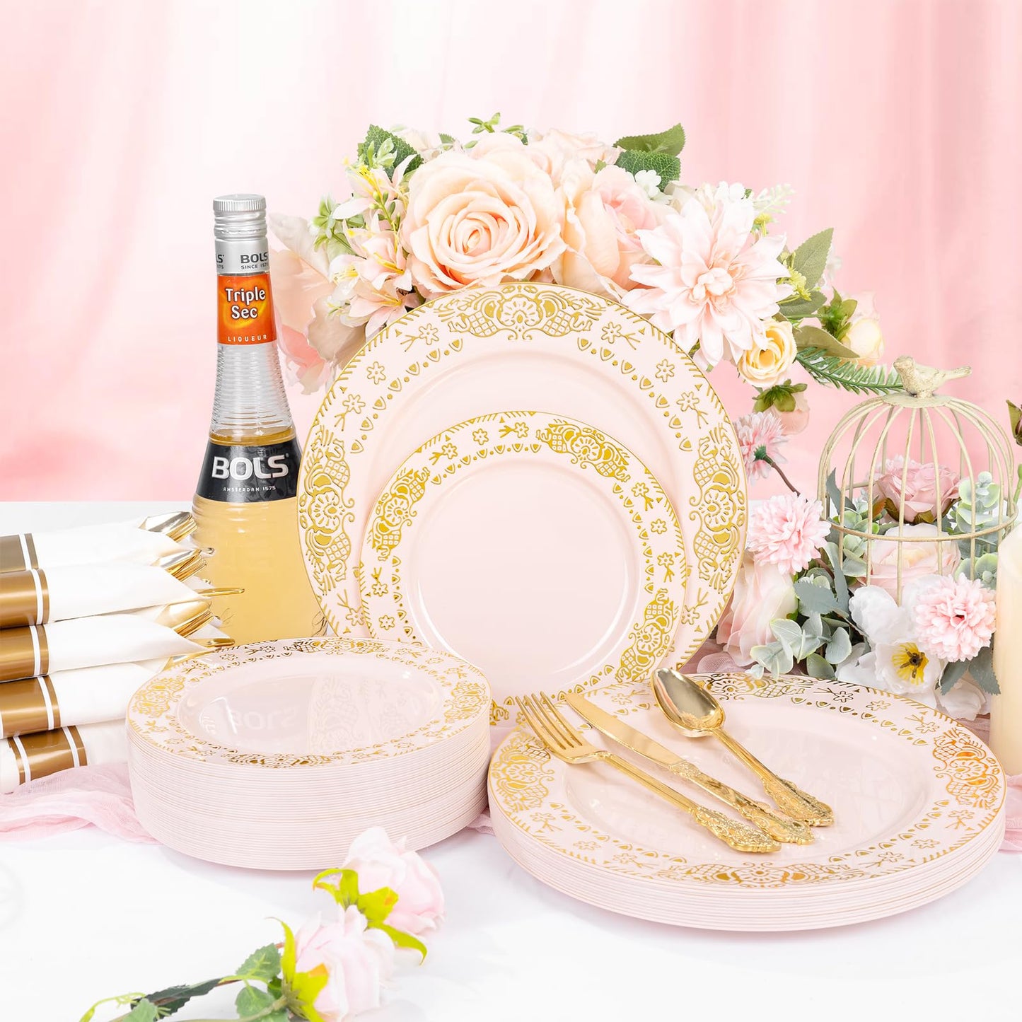 GATHER 350PCS Pink and Gold Plastic Plates - Gold Disposable Dinnerware Set Include 50 Dinner Plates, 50 Dessert Plates, 150 Plastic Silverware, 50 Napkins, 50 Cups for Wedding