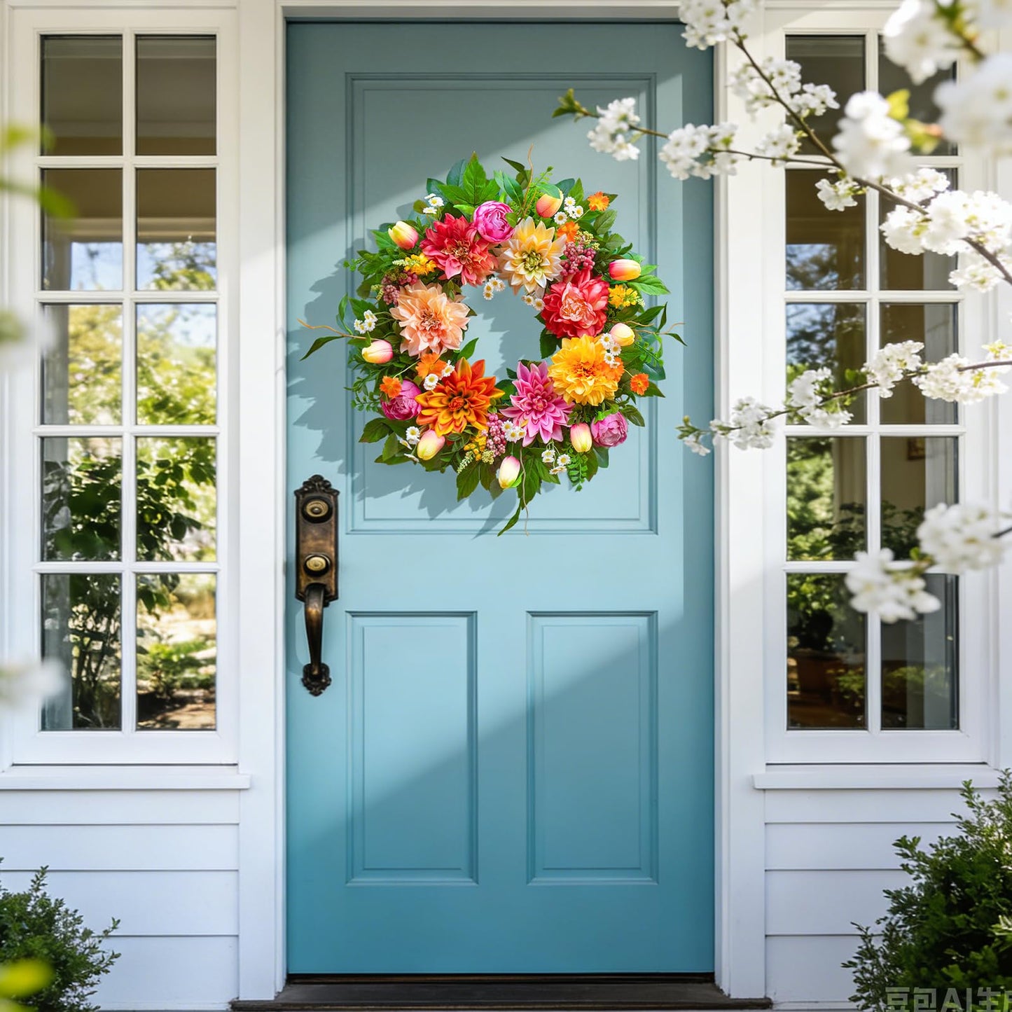 Spring Wreath 24 Inch Summer Wreaths for Front Door with Dahlia and Greenery, Wreath for All Seasons,Spring and Summer Wreaths for Front Door Outside or Indoor