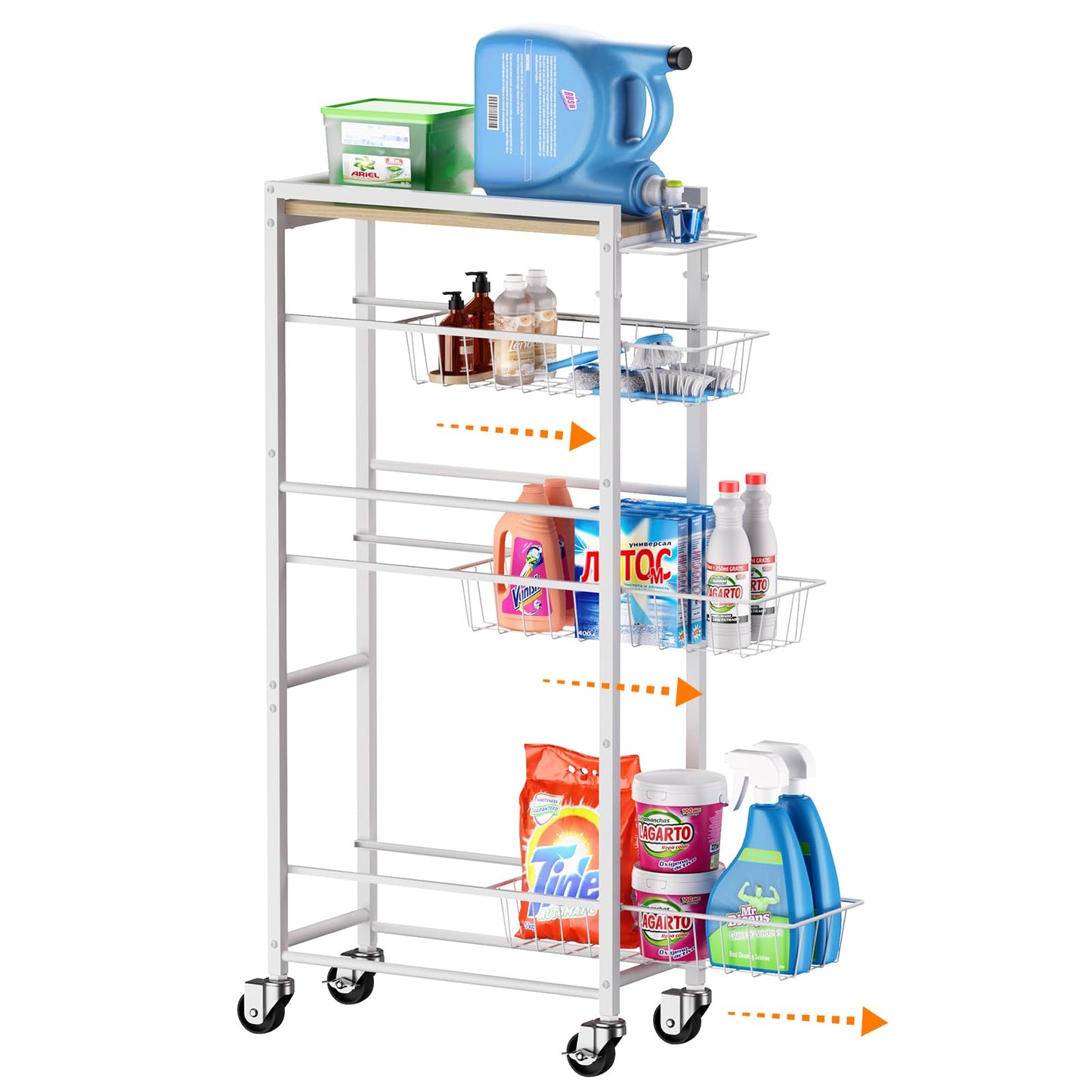 PAPAGIFTREE 4 Tier Slim Rolling Storage Cart with Pull-Out Baskets, Narrow Sliding Storage Slim Laundry Cart Slim Rolling Kitchen Cart