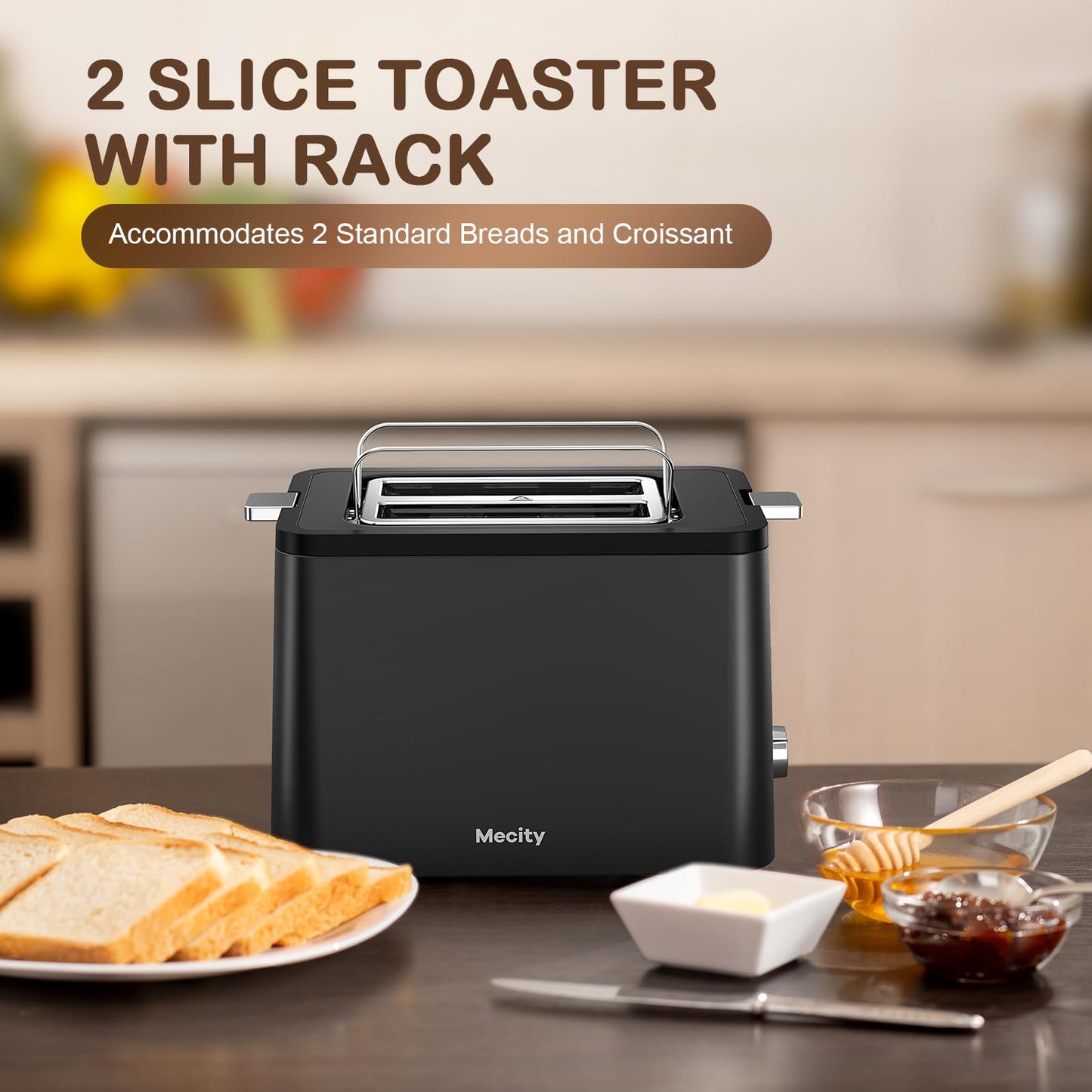 Mecity Toaster 2 Slice Stainless Steel Body, Timer, Bagel, Defrost, Reheat, Cancel Functions, Warming Rack, Removable Tray, 6 Browning Settings, Extra Wide Slots, Bread Toaster, 120V 800W Black