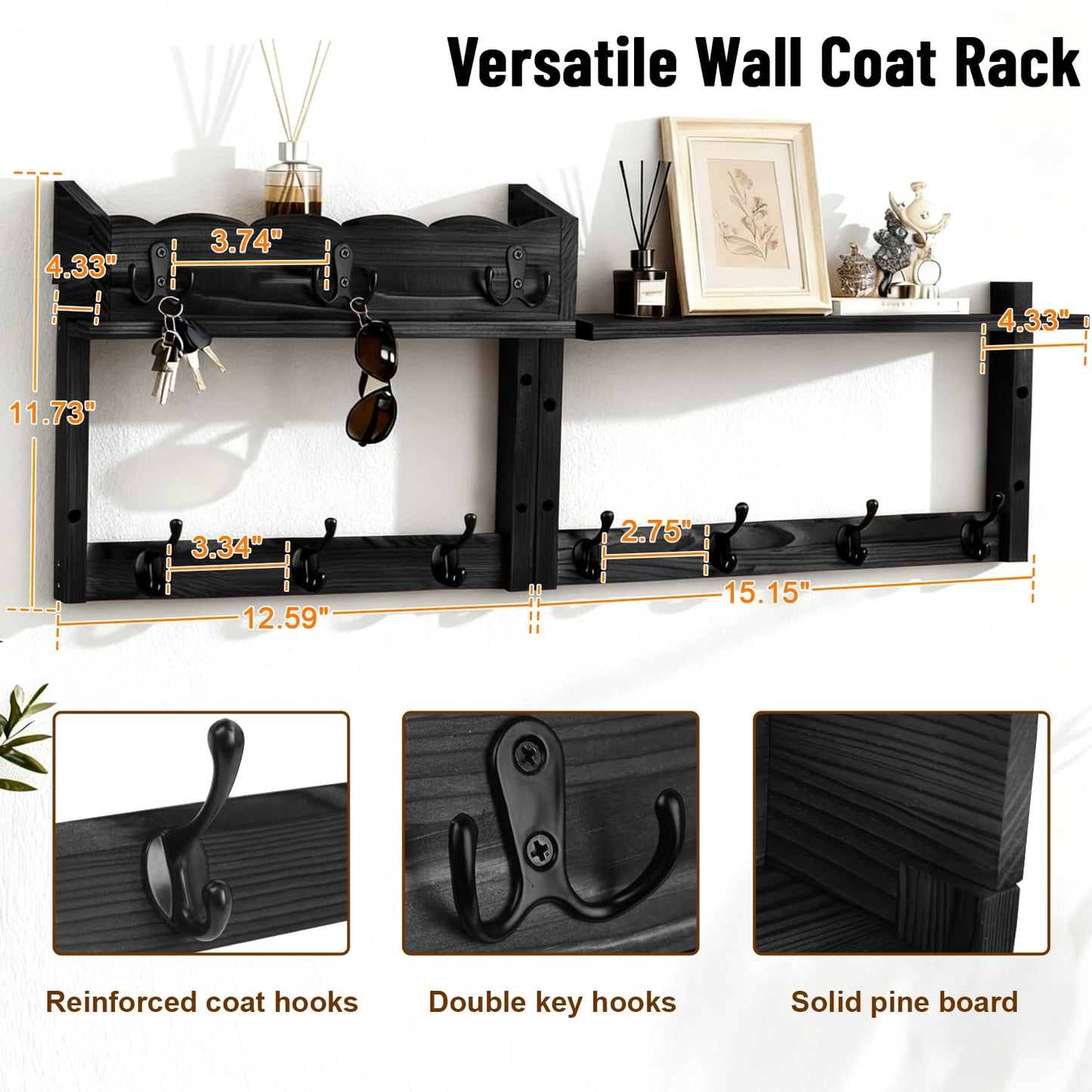 Dellicasi 28" Coat Rack Wall Mount with Shelf, Entryway Key Holder Wall Mount Wood Wall Coat Hooks with 7 Hooks 3 Key Hanger, Wall Mounted Coat Rack Mail Holder for Living Room, Bedroom