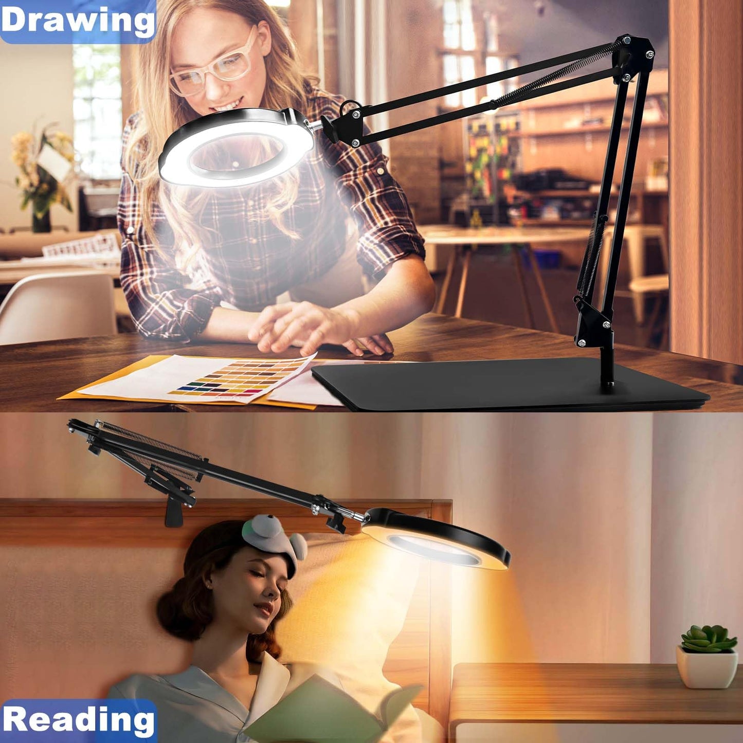 VvLons 15X Magnifying Glass with Light and Stand, 2-in-1 Lighted Magnifying Desk Lamp Dimmable Magnifier Lamp with Light and Clamp Long Arm 84PCS LED Beads Real Glass Lens for Work Close Work Hobby
